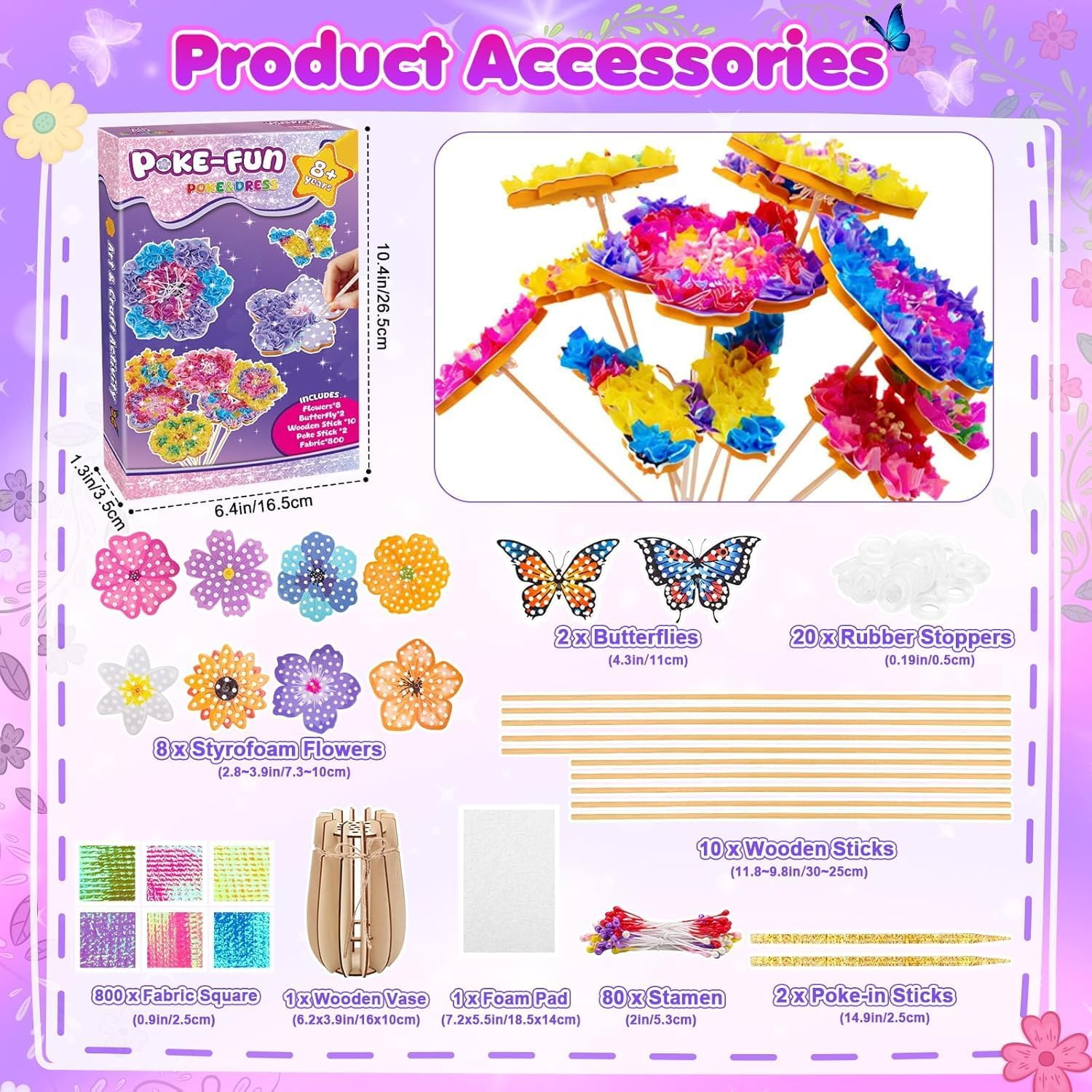 Poke-In Art Flower Bouquet Craft Kit for Girls Ages 4-12, DIY Creative Activity with 8 Flowers, 2 Butterflies & Wooden Vase, Mess-Free Kids Arts and Crafts, Birthday Gift Toys for 4 5 6 7 8 9 Year Old image number 3