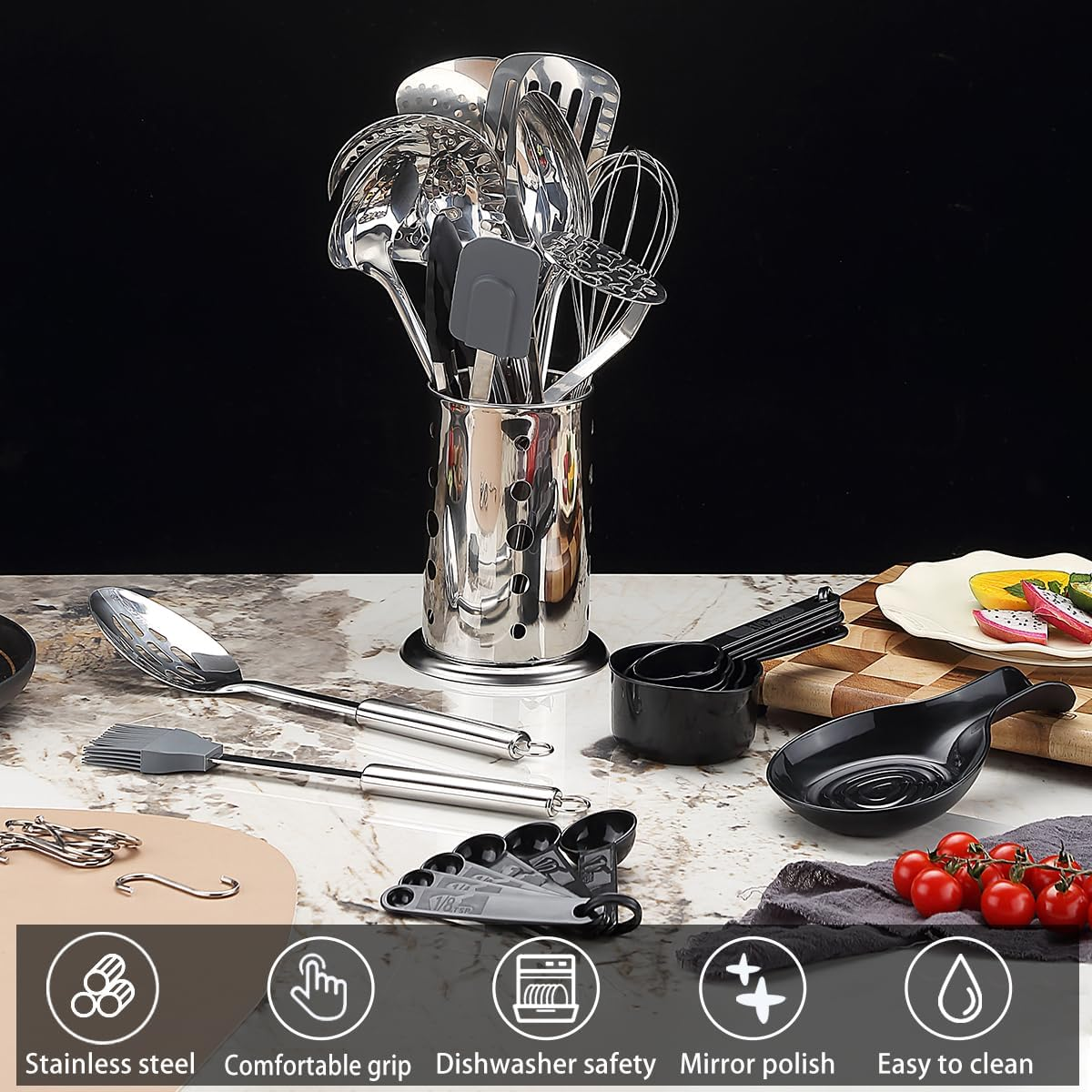 Reanea Kitchen Utensils Set, 39 Pieces Stainless Steel Cooking Utensils Set, Spoon Spatula Set with Sturdy Stainless Steel Utensil Holder, Dishwasher Safe image number 5