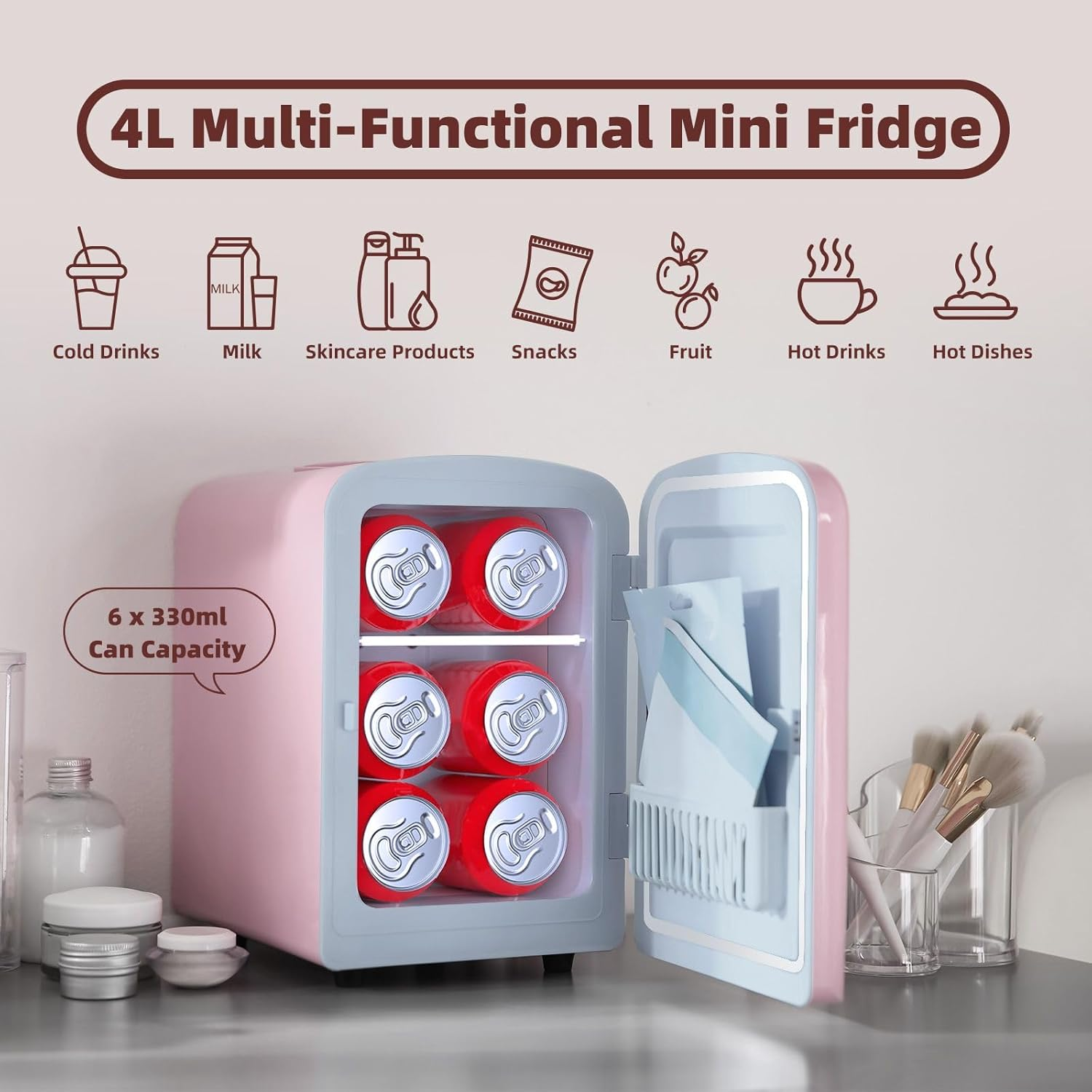 Maxkon 4L Beauty Mini Fridge (4 Liter/6 Can) with LED Light Makeup Mirror, Skincare Fridge for Refrigerating Make Up, Skin Care and Food, Portable Mini Fridge for Bedroom, Office and Car, White image number 4