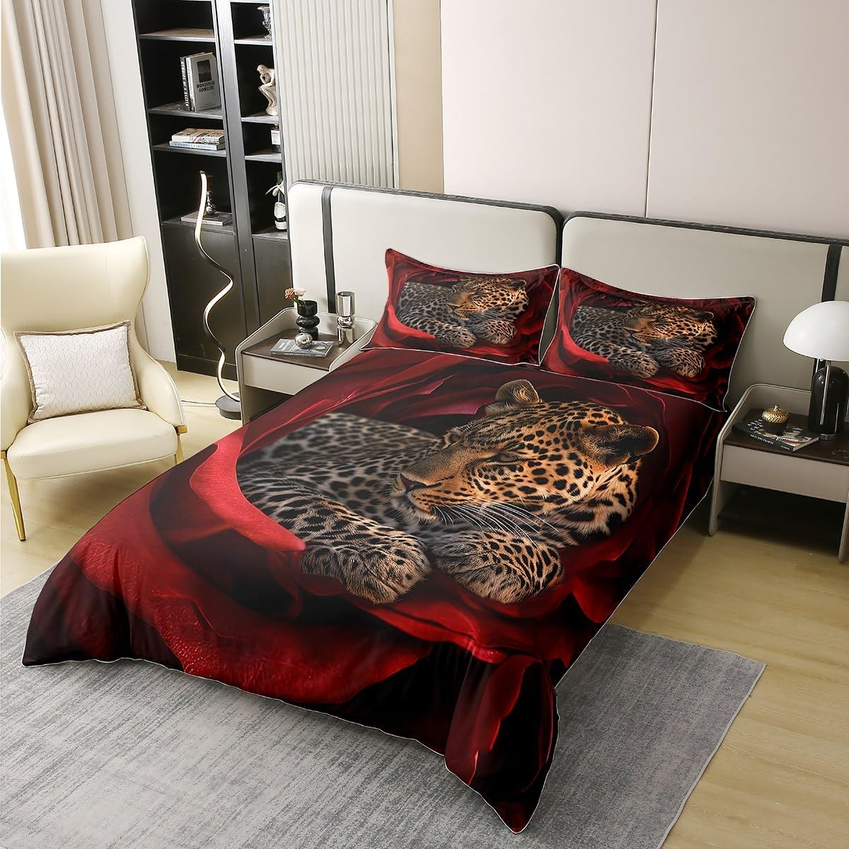 3D Leopard 100% Cotton Comforter Cover, 135 X 200 Cm, Cheetah Bed Linen Set, Leopard Print Rose Duvet Cover, Wild Animal Duvet Cover with 1 Pillowcase for Men Women, Black, Red, Bedroom Decor - Multi 18 image number 2