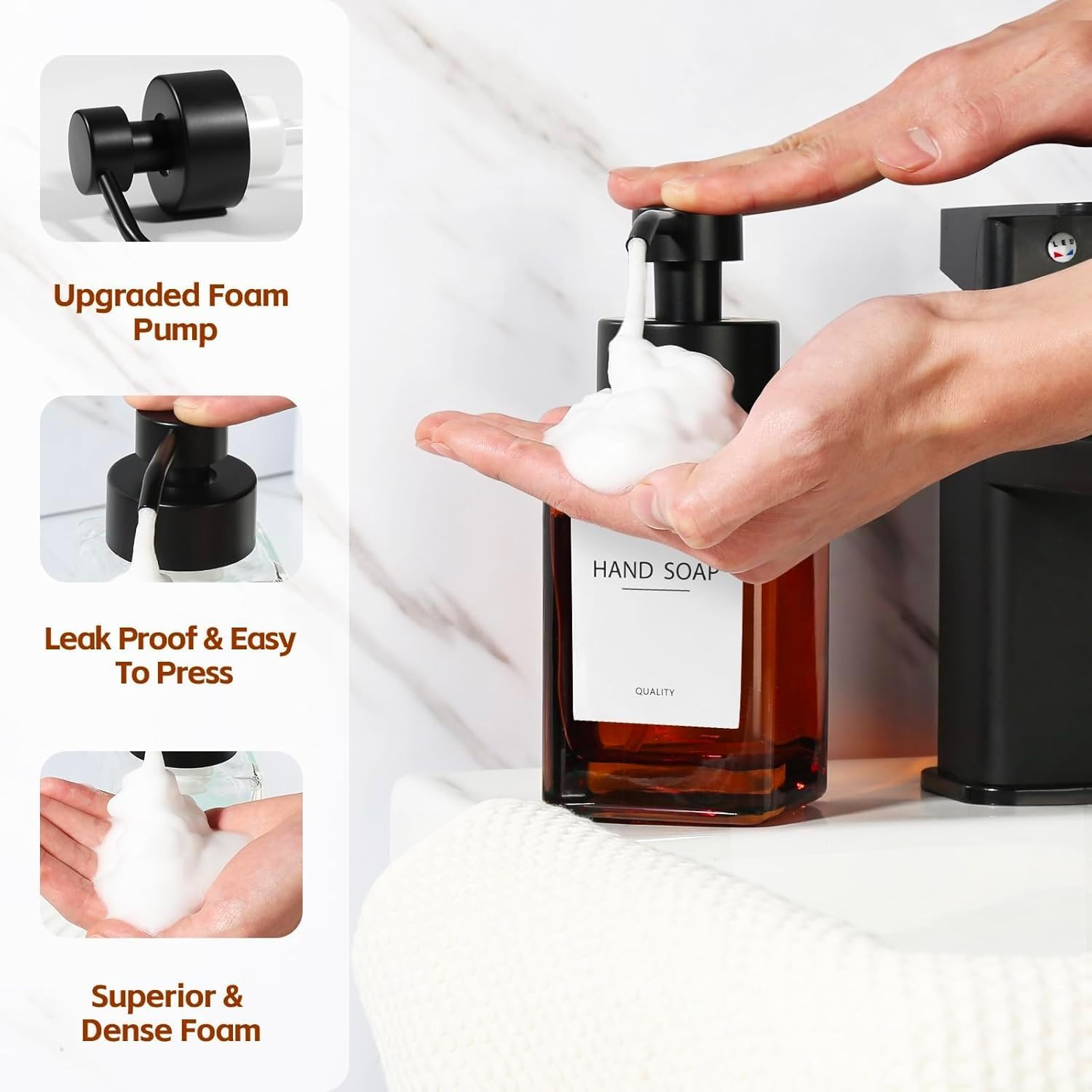 2Pcs Refillable Foam Soap Dispenser with Foaming Pump ，12Oz/350Ml Glass Foaming Hand Soap Dispenser Set，With Foaming Pump for Bathroom, Kitchen (Amber) - Amber image number 3