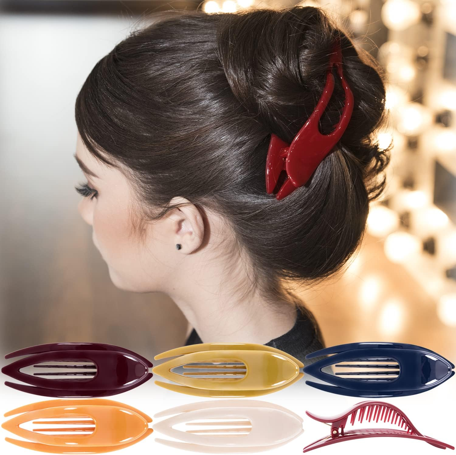 RC ROCHE 2 Pcs Flat Hair Clips Big Claw for Thick Hair French Duckbill Women No Slip Side Slide Curved Alligator Concord Strong Grip Hold Volume Lay down Clamp, Medium Black & Brown