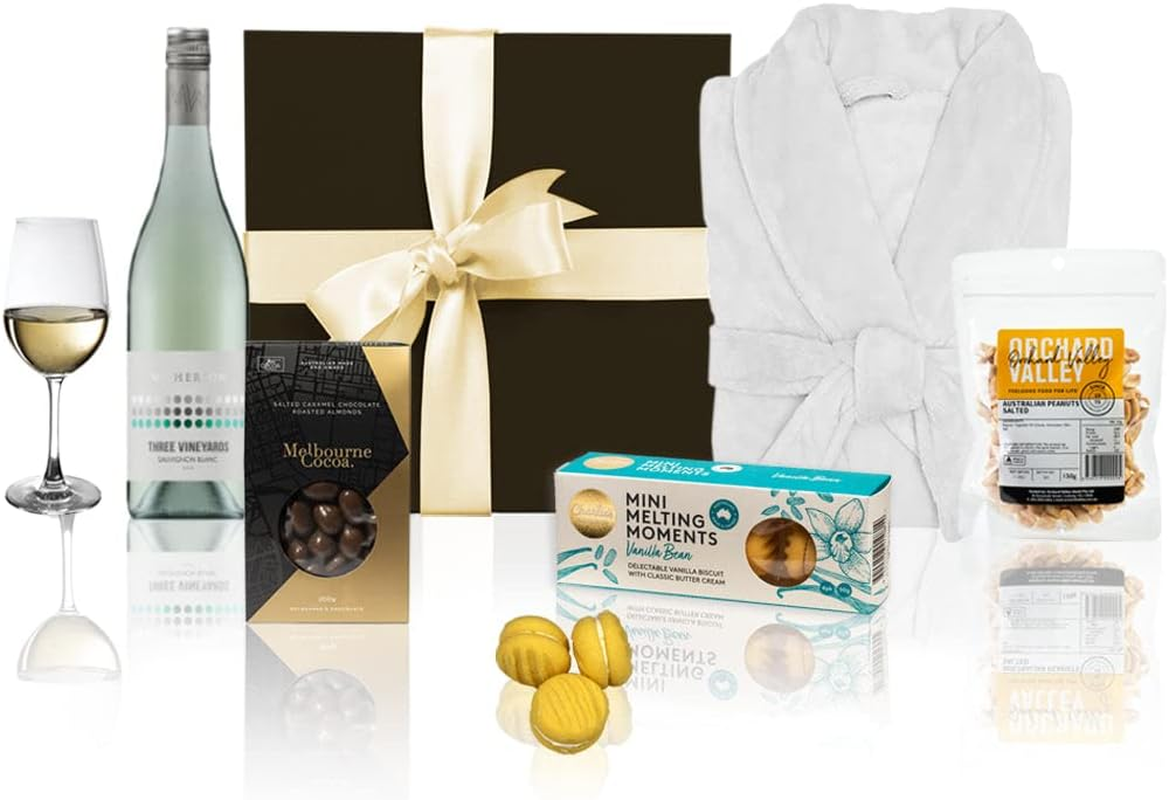 Purely Gourmet White Wine Gift Hamper - Premium Australian Gifts with Sauvignon Blanc, Shiraz & Robe - Relaxing Chocolate Gift Set for Birthdays, Self-Care & Celebrations