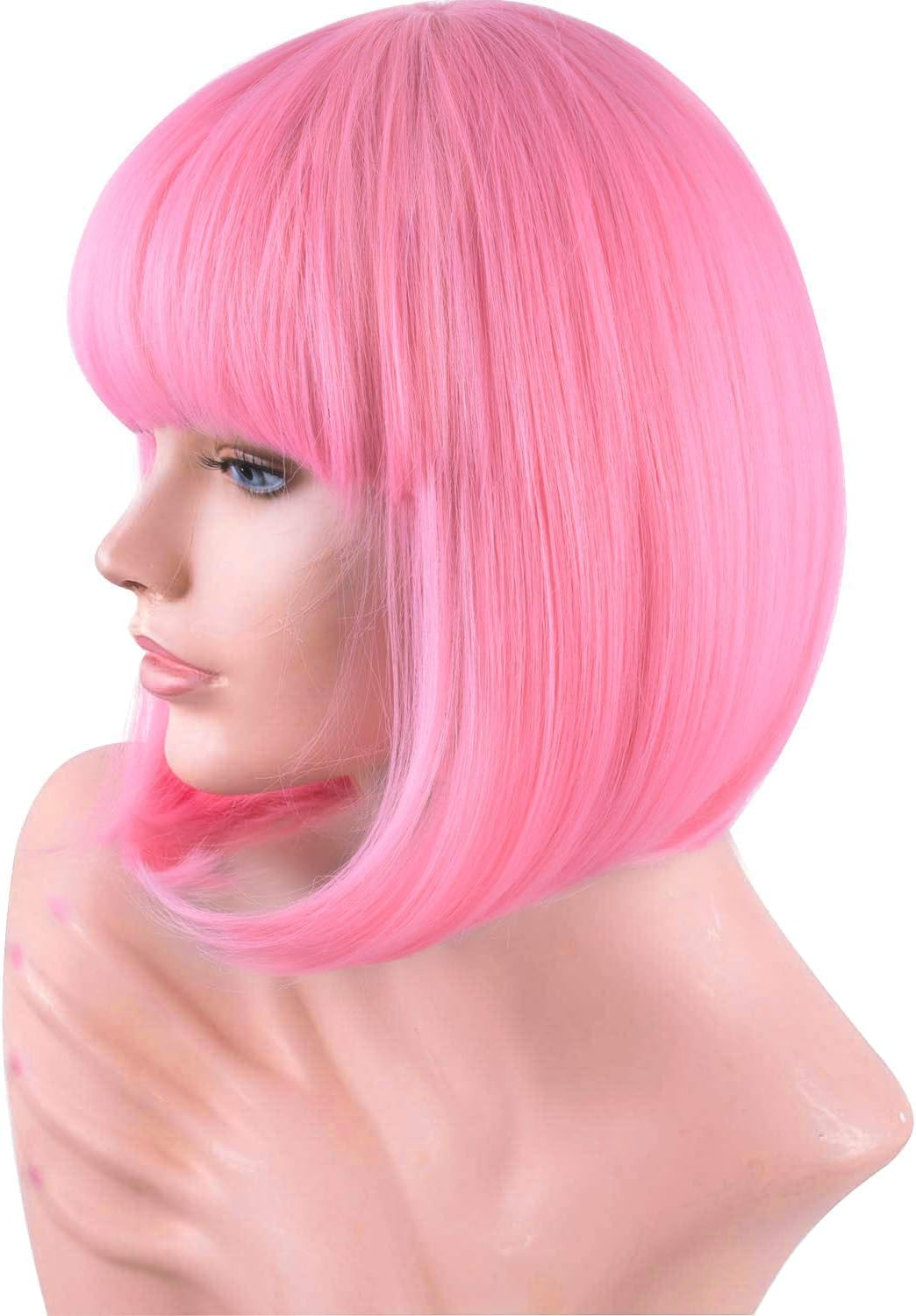 Pink Colored Short Bob Wig with Bangs for Women 12'' Straight Synthetic Wigs Halloween Custume Cosplay Party Wig image number 1