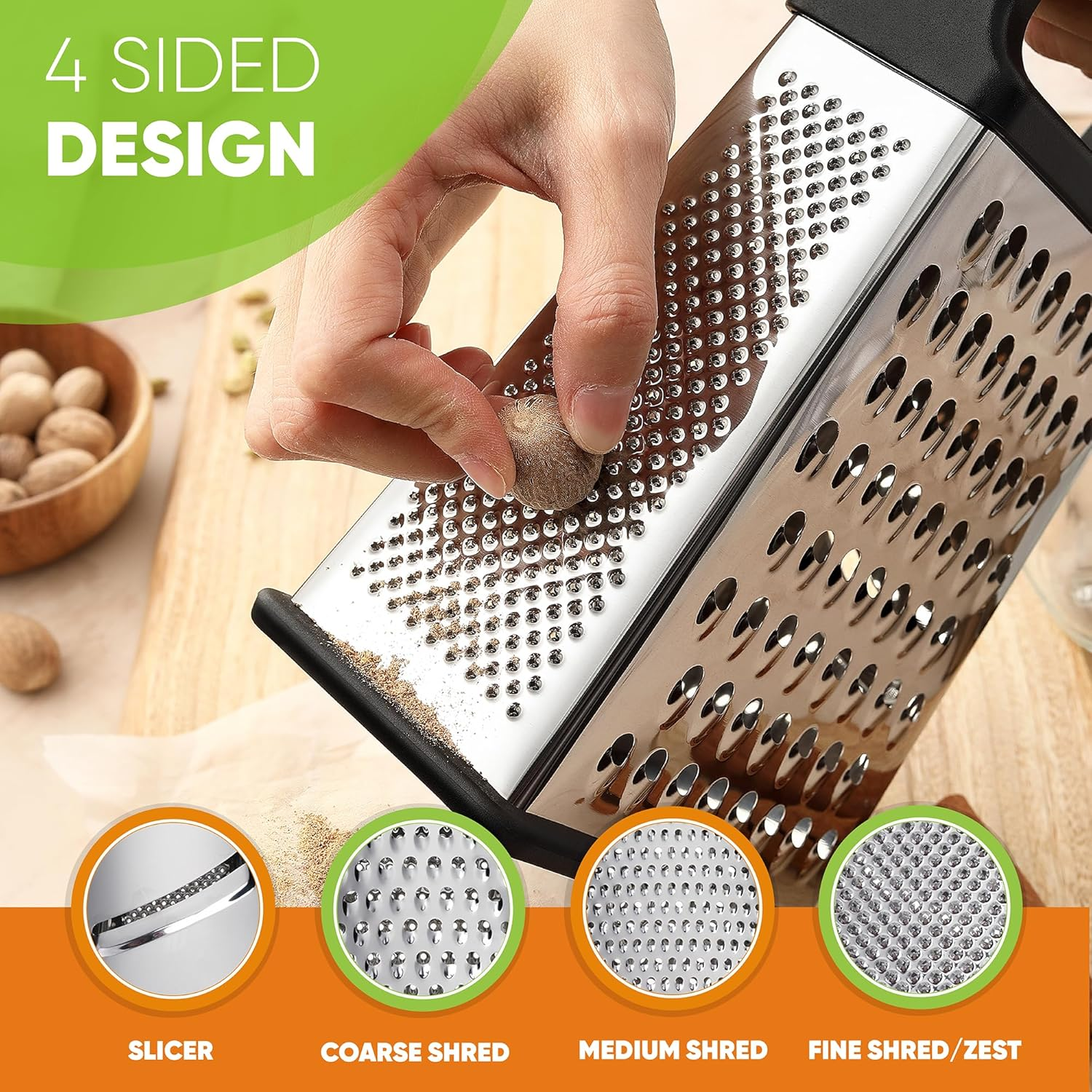 Professional Box Grater, Stainless Steel with 4 Sides, Best for Parmesan Cheese, Vegetables, Ginger, XL Size, Black image number 6