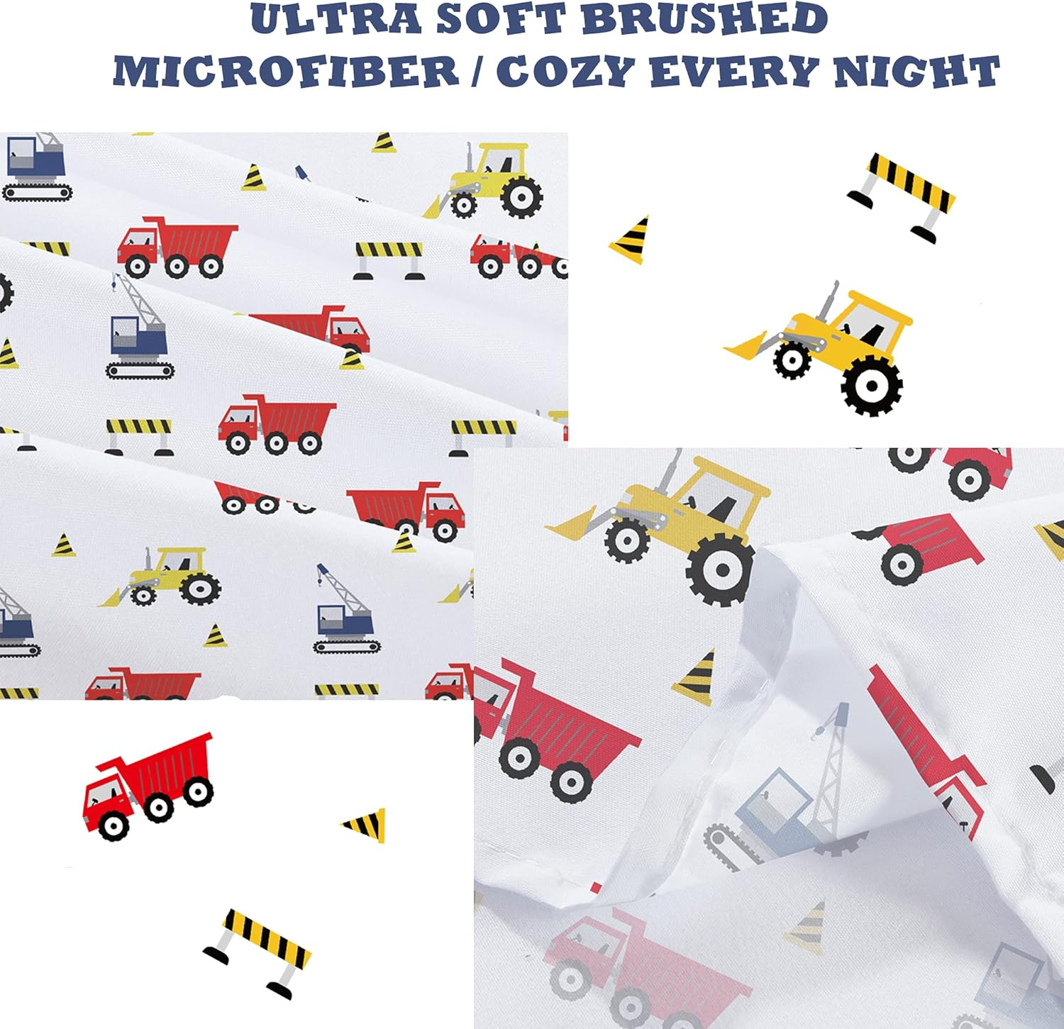 Viviland 4 Pieces Boys White Full Sheet Set - Soft Microfiber Fitted Flat Sheets & Pillowcase Bed Sheet Set - Red Excavator Construction Tractor Truck Bedding Sets - for Kids & Toddlers image number 5
