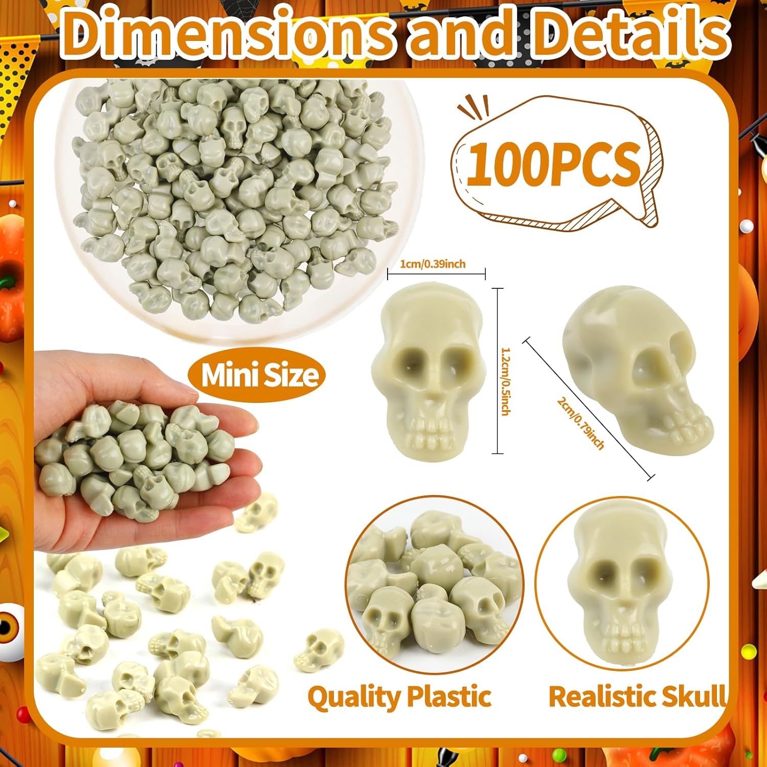 KIMOBER 100PCS Mini Skulls Heads Miniature Figurines,Small Plastic Realistic Halloween Skeleton Skulls Head Prank Props for Party Bar Home Table Decorations image number 5