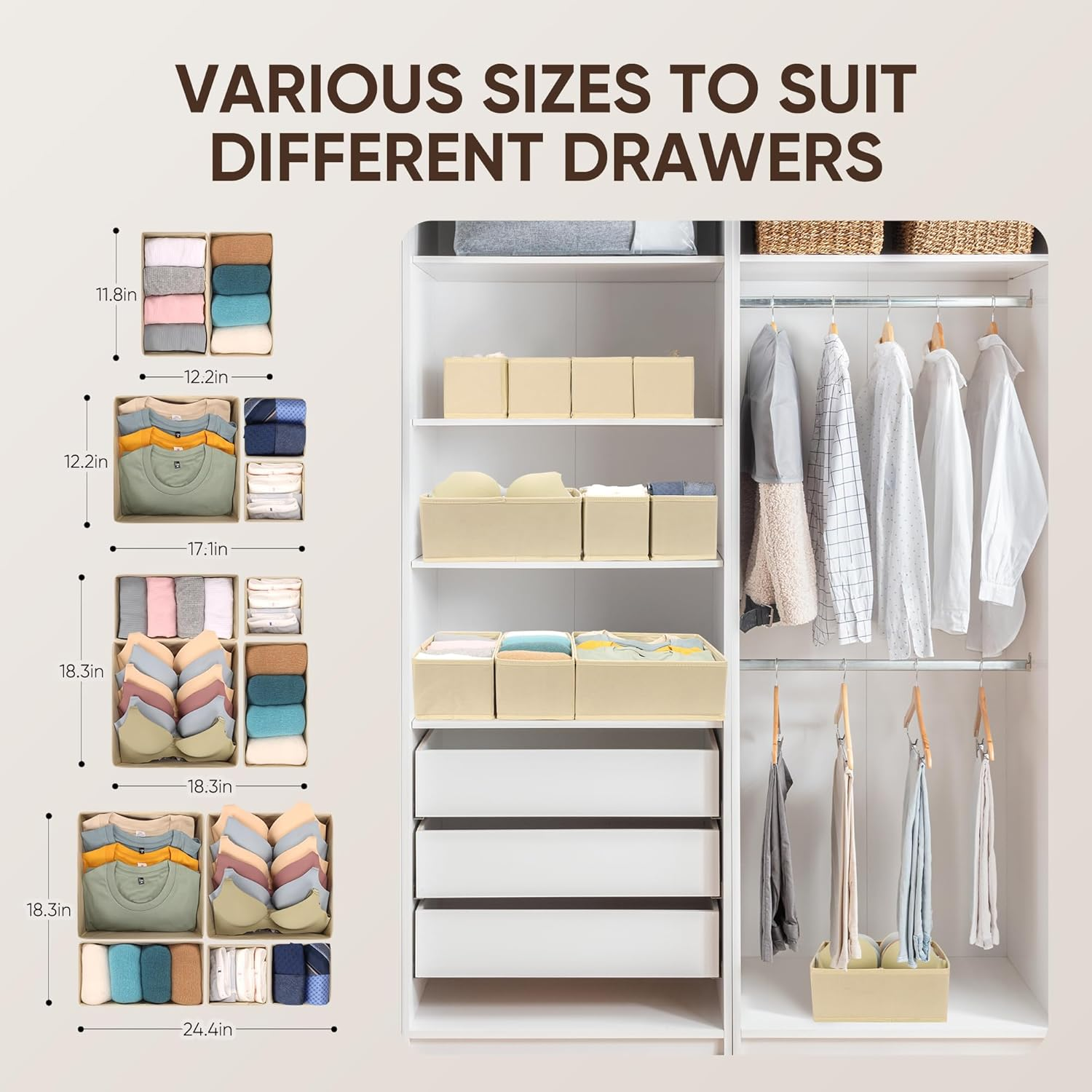12 Pack Beige Drawer Organiser for Clothes - Drawer Dividers- Wardrobe Organiser for Clothes Storage - Baby Clothes - Closet Dresser Organizer - Bra, Underwear, Socks Organiser