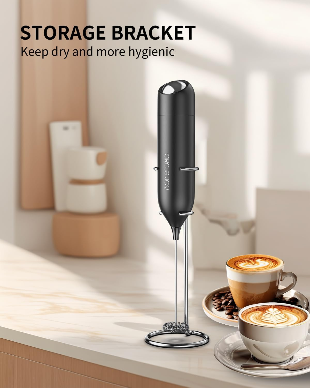 CIRCLE JOY Milk Frother Handheld with Stand Battery Operated Milk Foamer Electric Mini Drink Mixer for Coffee, Cappuccino, Lattes, Frappe, Matcha and Hot Chocolate, Black image number 2