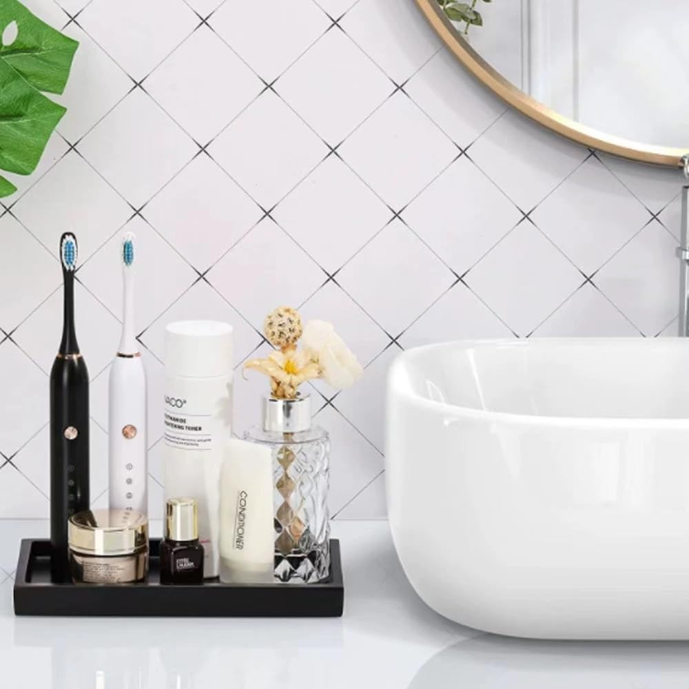 2Pcs Silicone Vanity Tray for Counter,Bathroom Tray, Resin Soap Dispenser Tray Kitchen Sink Tray,Small Marble Tray for Bathroom Countertop Organizer for Jewelry,Cosmetics,Perfumes & Shampoo (Black) image number 5