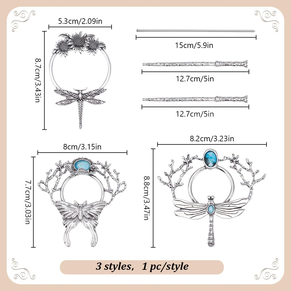 WEBEEDY 3 Styles Vintage Silver Hairpin Dragonfly Butterfly Sunflower Moon Hair Pins round Alloy Hairpin Viking Retro Barrettes for Women Long Hair Accessories,Valentine'S Day Gifts,8.7Cm