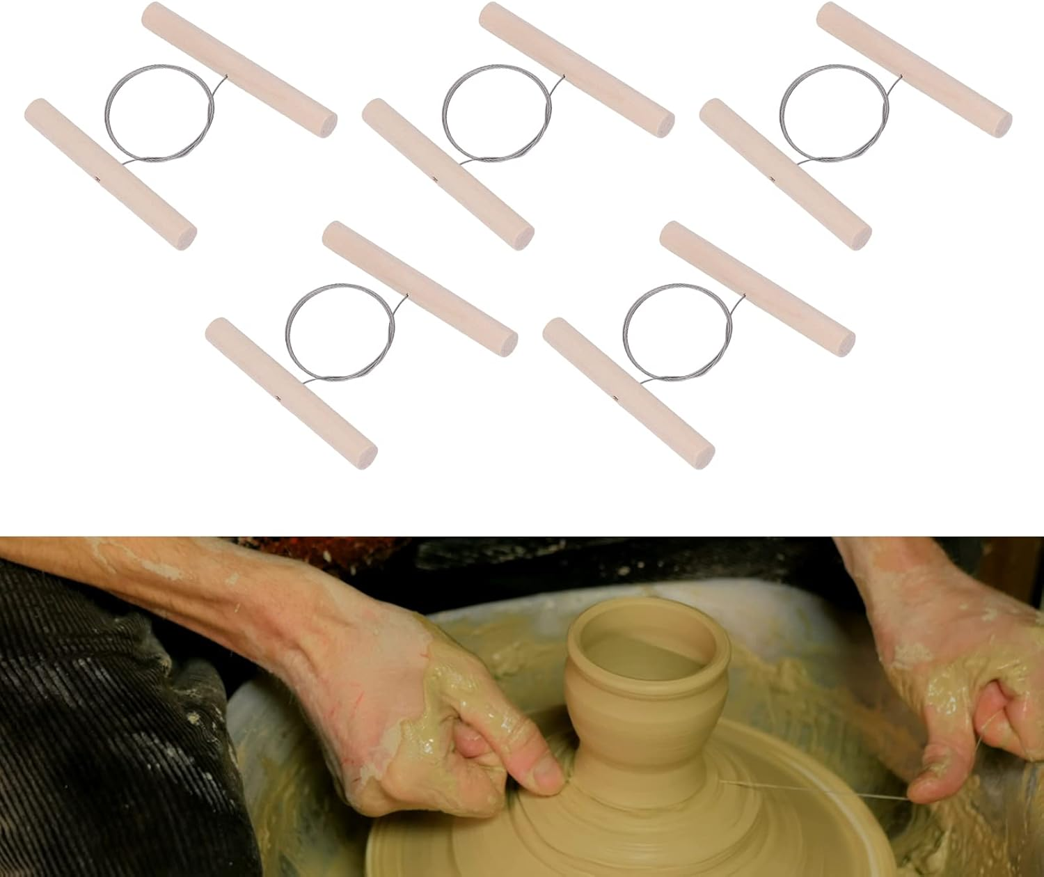 Clay Cutter, 5 Pcs Stainless Steel Wire Cutting Pottery Tools with Double Wooden Handle, Portable Wire Clay Cutter, Cut off Tools for Clay, Ceramic, Art Sculpture, Cheese, Dough image number 2