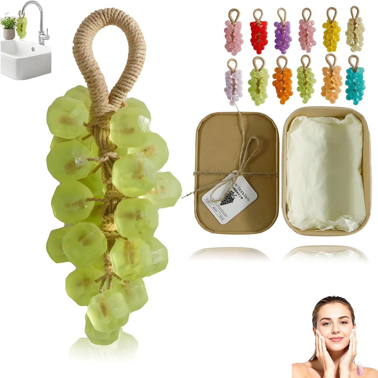 Handmade Crystal Grape Soap on a Rope, Grape Shaped Soap, Facial Cleansing Bathing Hand Washing Indoor Decorations Indoor Decorations(Peach)