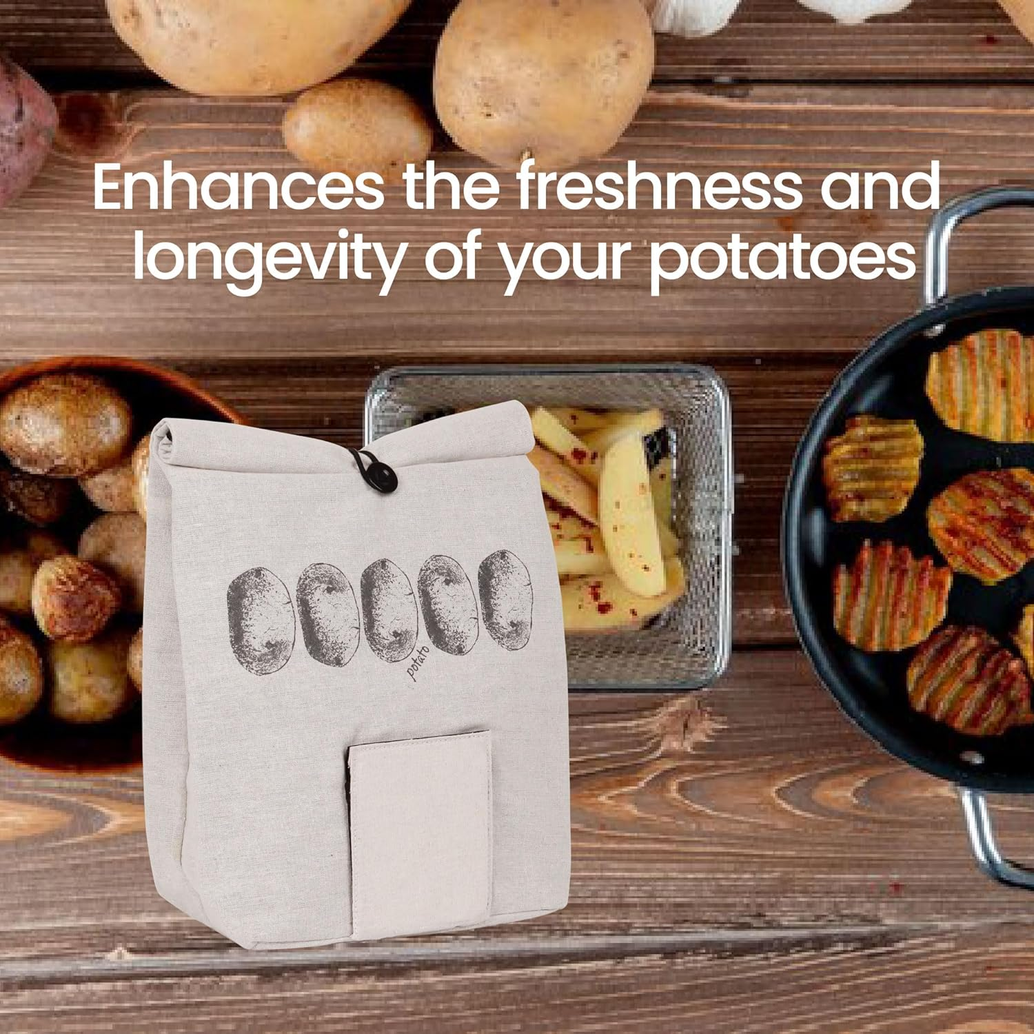 Eco Basics Potato Bag &ndash; Breathable Linen Look with Blackout Lining, Roll over Top, Button Tie, Easy Access Flap, Reusable Storage Solution for Potatoes & Root Vegetables image number 1