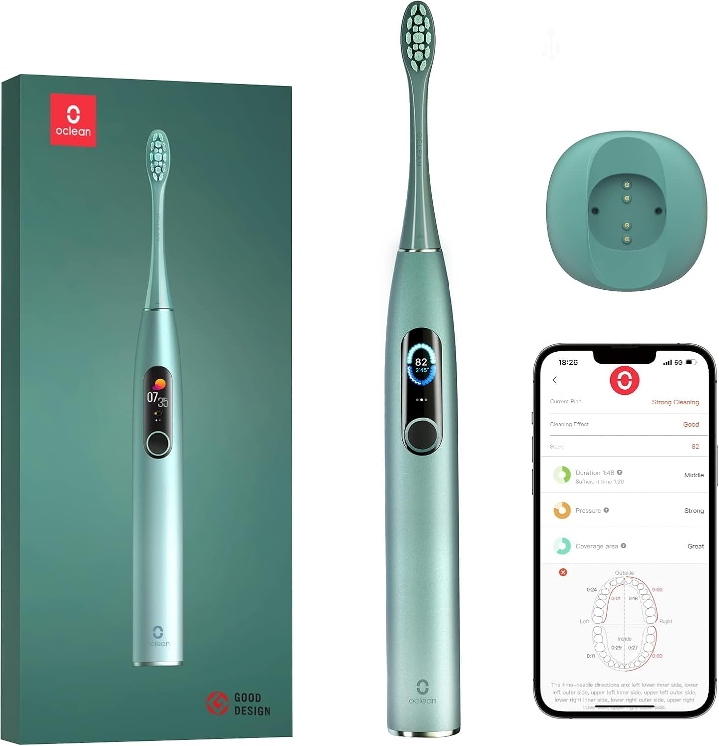 Oclean X Pro Sonic Electric Toothbrush Mist Green &ndash; Smart Rechargeable Tooth Brush with Timer, 3 Modes, 30-Day Battery, Sleek Design, Waterproof & Travel-Ready