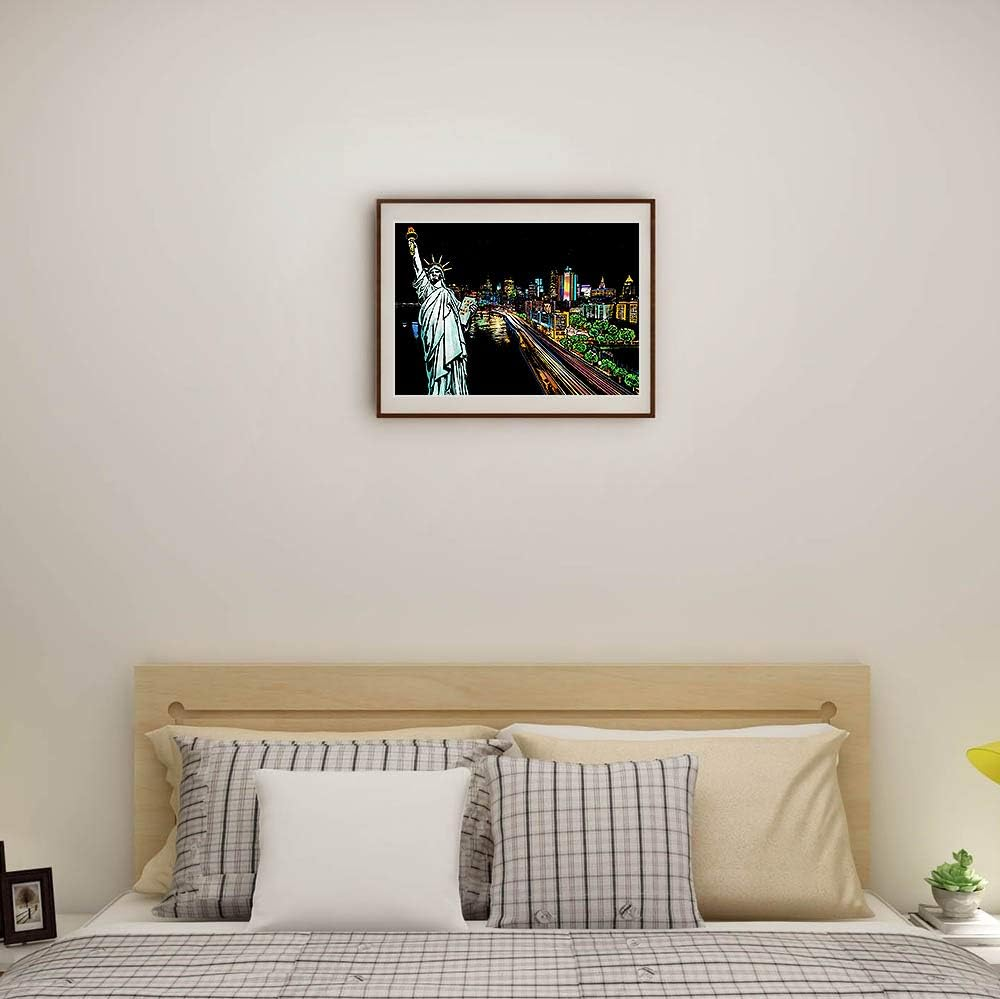 Scratch Art for Teens & Adults, Rainbow Engraving Painting Landscape Scratchboard(A4) Crafts Set: 8 Sheets with 4 Tools - New York, Statue of Liberty, Golden Gate Bridge, Manarola (America/Europe) image number 1