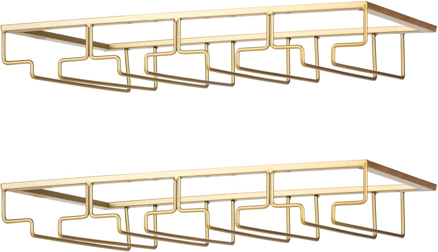 Wine Glass Rack - under Cabinet Stemware Wine Glass Holder Glasses Storage Hanger 2 Pack Metal Organizer for Bar Kitchen 4 Rows Gold