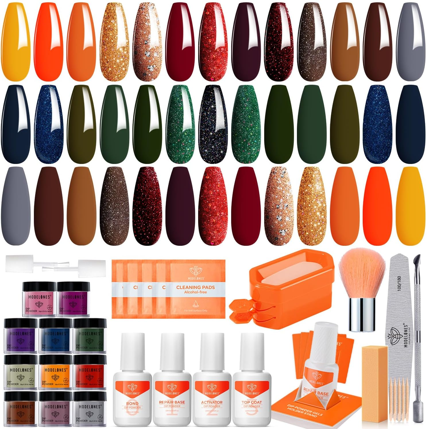 Modelones Christmas Dip Powder Nail Kit, 20 Colors Red Green Orange Dipping Powder Liquid Set Base&Top Activator for French Nail Art Salon DIY Kit