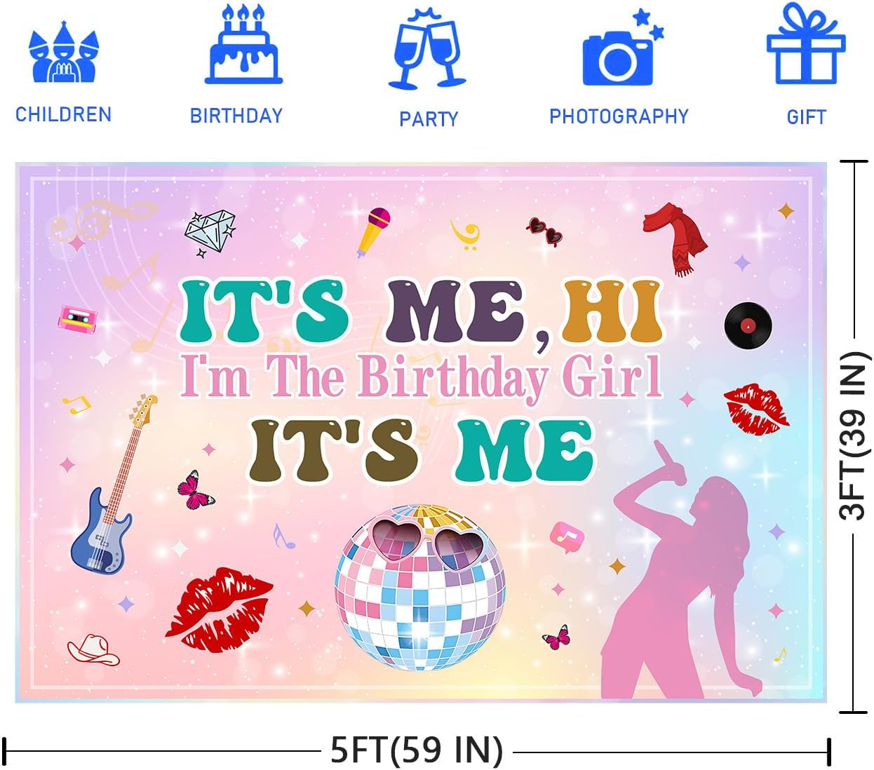 Singer Backdrop Banner Birthday Party Decorations It Is Me Hi I'M the Birthday Girl Banner Popular Singer Themed Party Backdrop for Photography 5X3Ft Music Style Birthday Party Wall Background image number 6