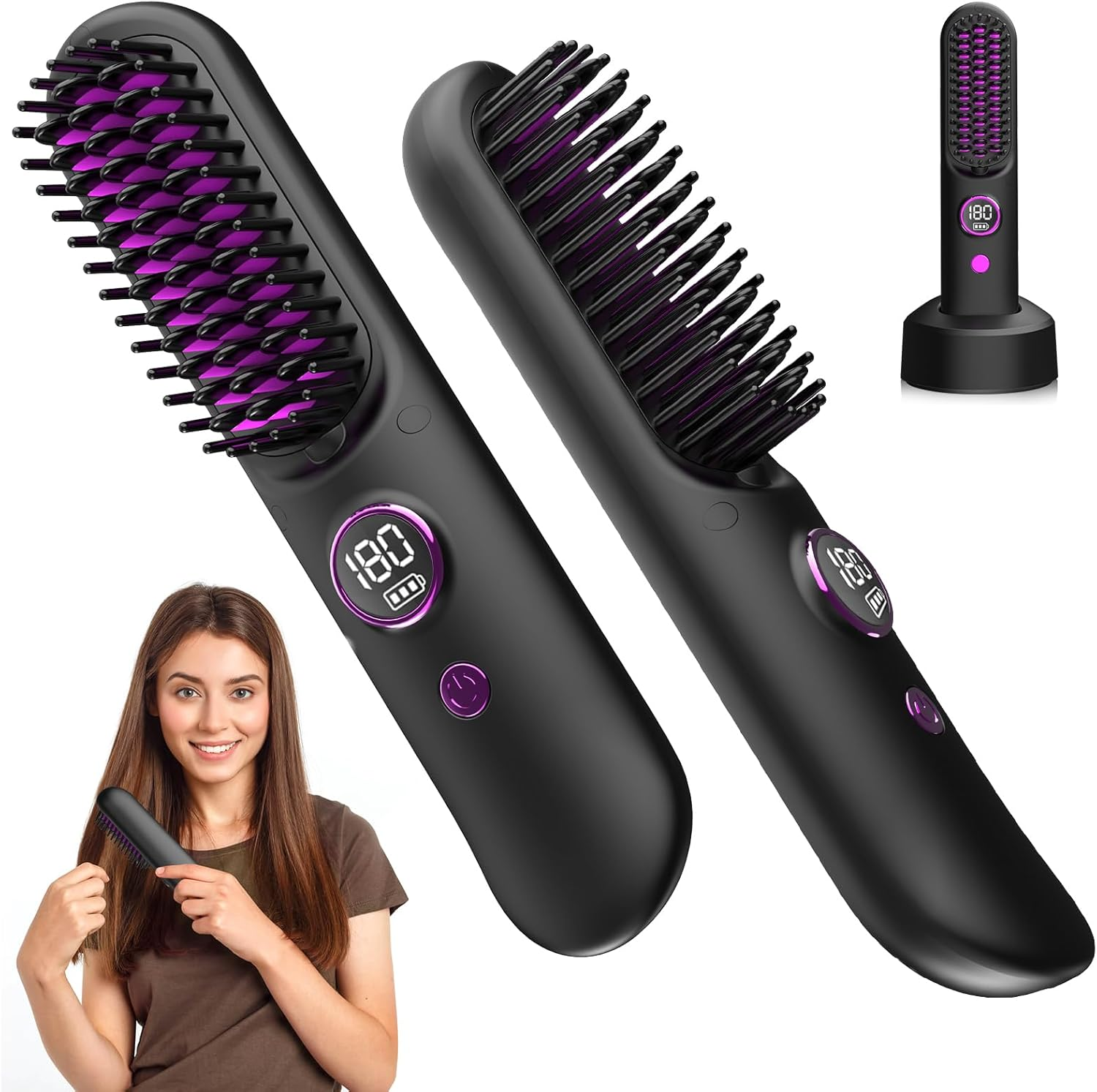 Biupky Cordless Hair Straightener Brush, Portable Hair Straightener Comb with 50 Million Negative Ion and Protein, Type-C Rechargeable Travel Hair Straightener with 9 Temp Settings & Led Display image number 2