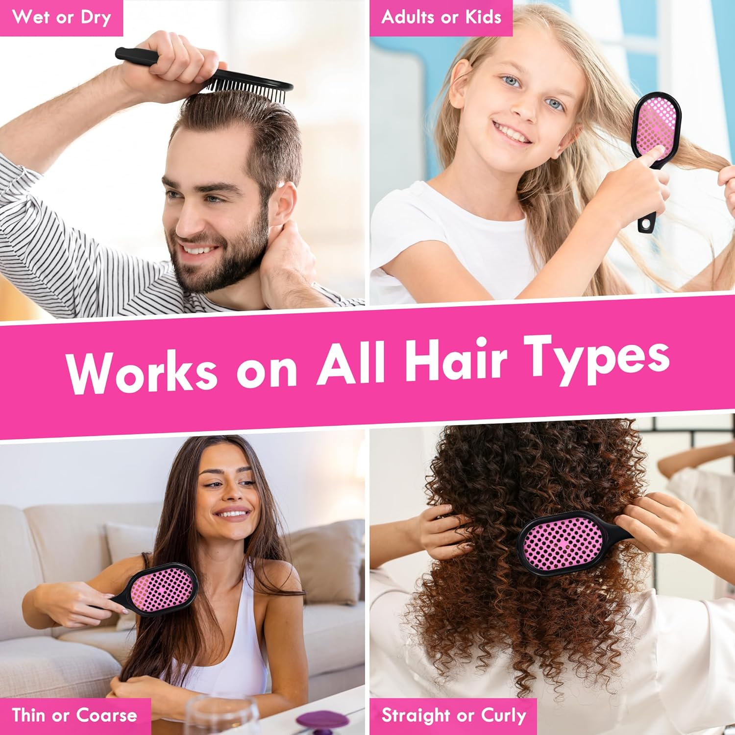 Aussumy 2 Pack Vented Detangling Hair Brush - Detangler Hairbrush for Effortless Tangle Removal - Ultra-Soft Bristles -For Natural Curly Straight Wet Dry Damaged Hair for Women Men Kids - Black & Pink - Black+Blue image number 6