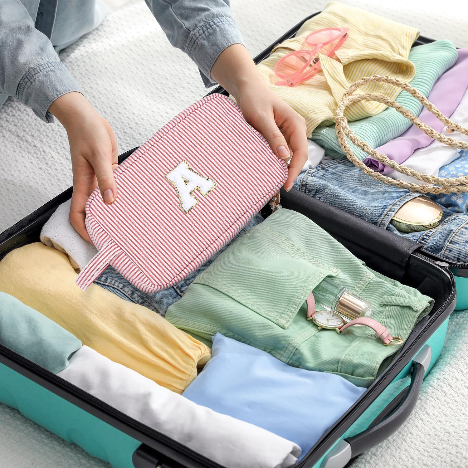 Personalized Initial Makeup Bag, A-Z Large Travel Make up Bags, Cute Pink Letter Bag Preppy Monogram Bag Organizer Bride Bridesmaid Cosmetic Bag Gifts (Pink, G, One Size)