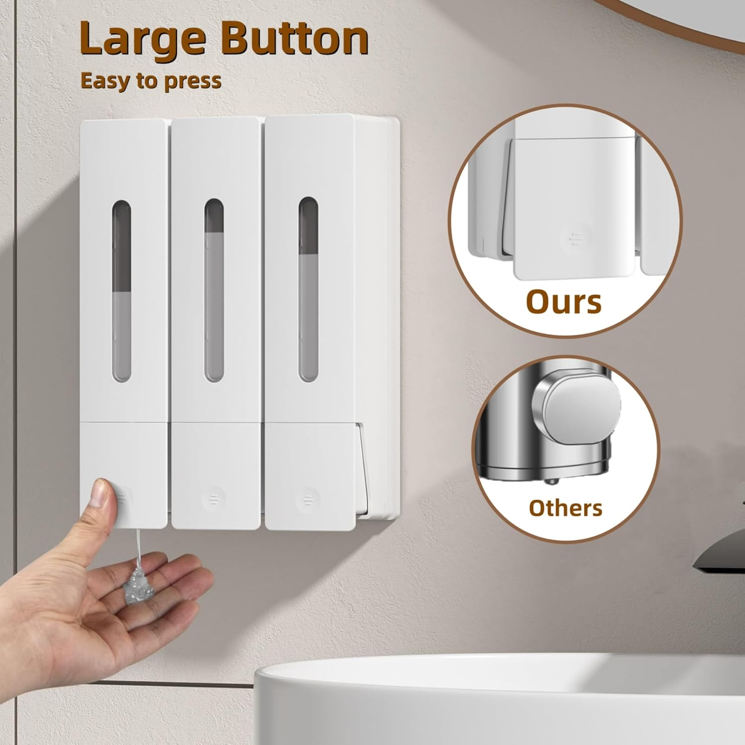 FORYUSE Shower Soap Dispenser Shampoo Conditioner Wall Mounted No Drill Body Wash Dispenser 3 Chamber for Home Bathroom Hotel 3 X 400Ml Large Capacity White image number 4