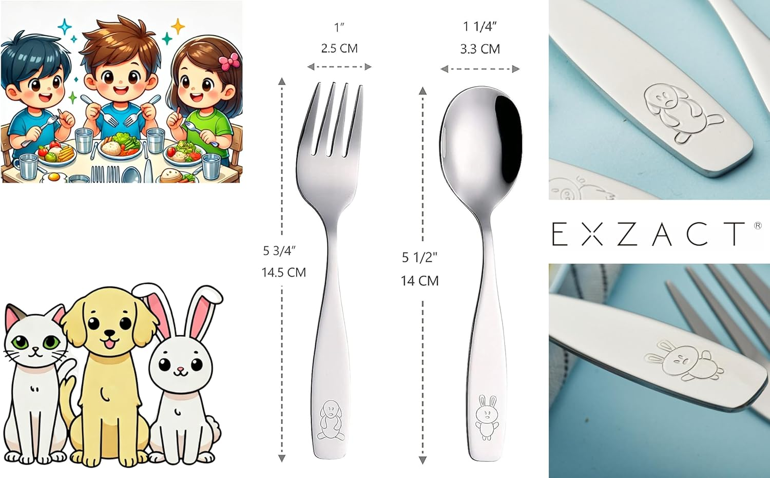 Exzact Children'S Cutlery Stainless Steel 6Pcs/ Kids Fork and Spoon Set/Toddler Flatware - 3 X Forks, 3 X Dinner Spoons - Dog & Bunny Engraved