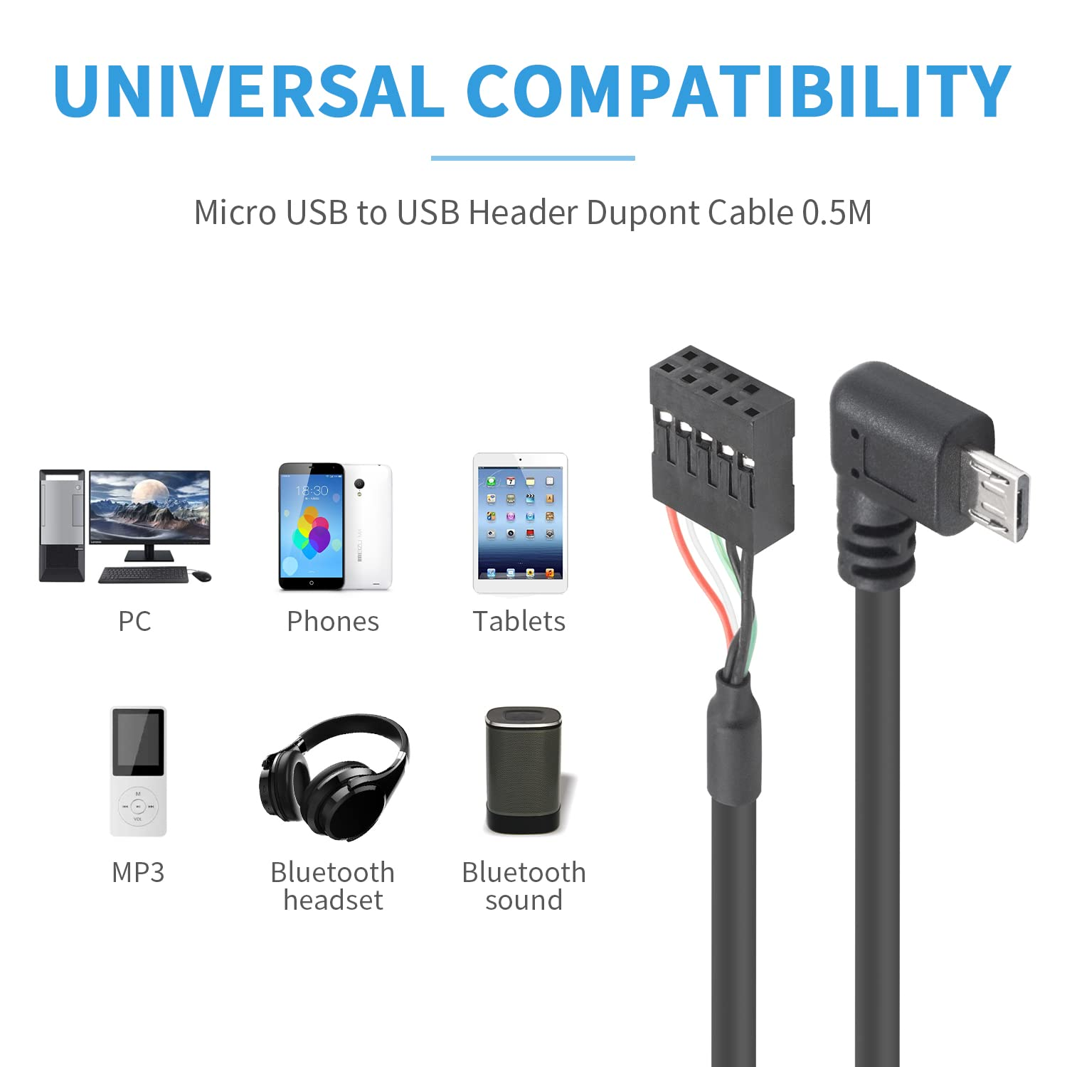 Duttek USB Header to Micro USB Cable, Micro USB to Motherboard Header, 90 Degree Right Angled Micro USB Male to 9 Pin Motherboard Female Dupont Extended Cable 2 Pack 1.65Ft/50Cm image number 4