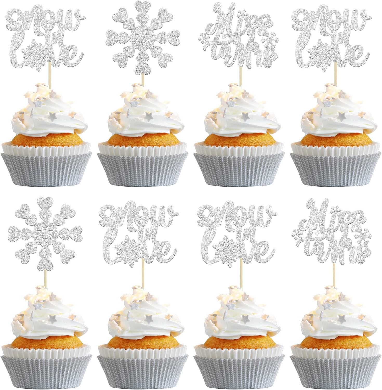 Gyufise 24Pcs Silver Snowflake Cupcake Toppers Glitter Winter Snowflake Miss to Mrs Cake Topper Picks for Winter Wedding Anniversary Decorations Bridal Shower Party Supplies