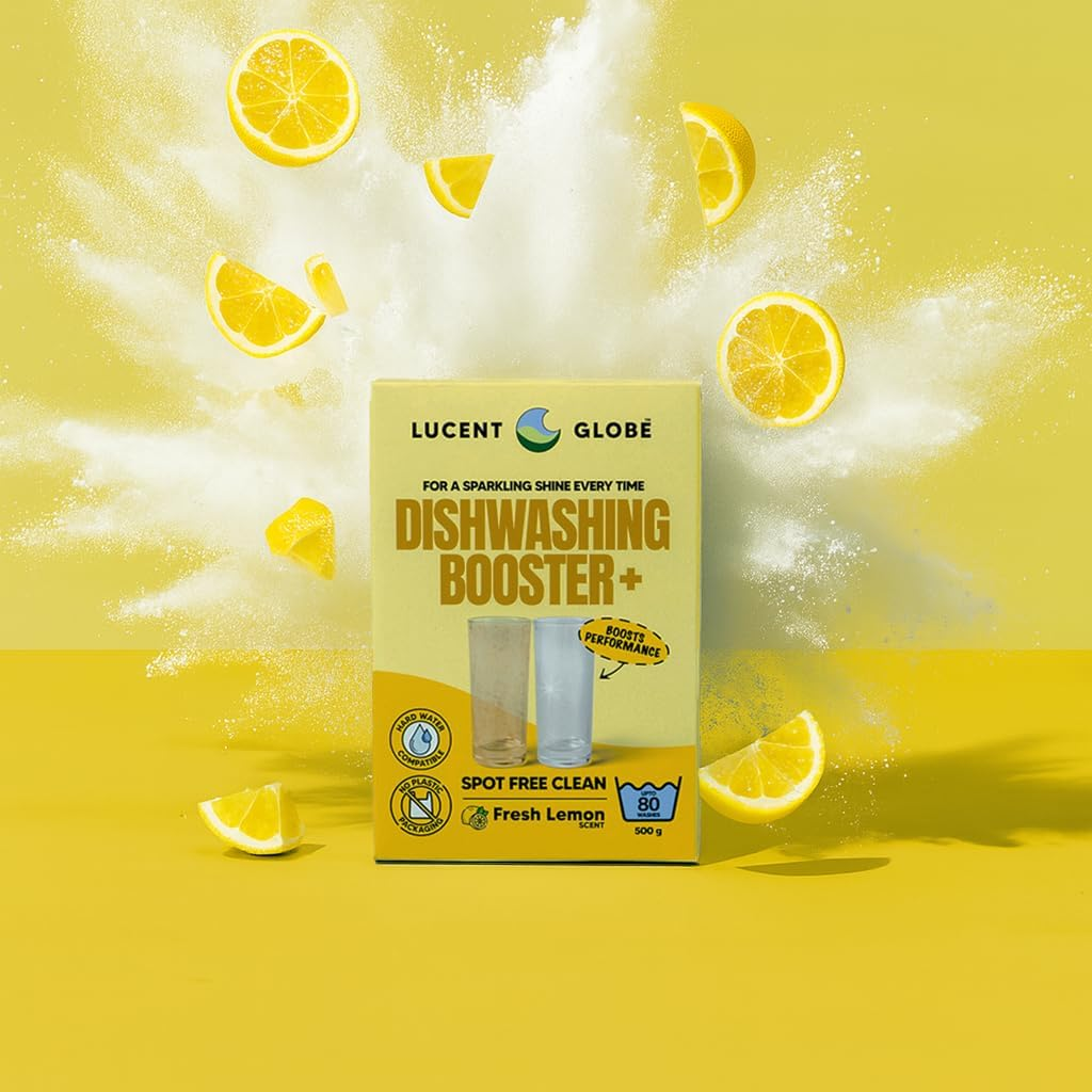 Lucent Globe Dishwashing Booster+ Powder &ndash; Fresh Lemon Scent &ndash; Spot-Free Finish, Hard Water Compatible, 100% Plastic-Free Packaging, 80 Washes (500G) image number 4