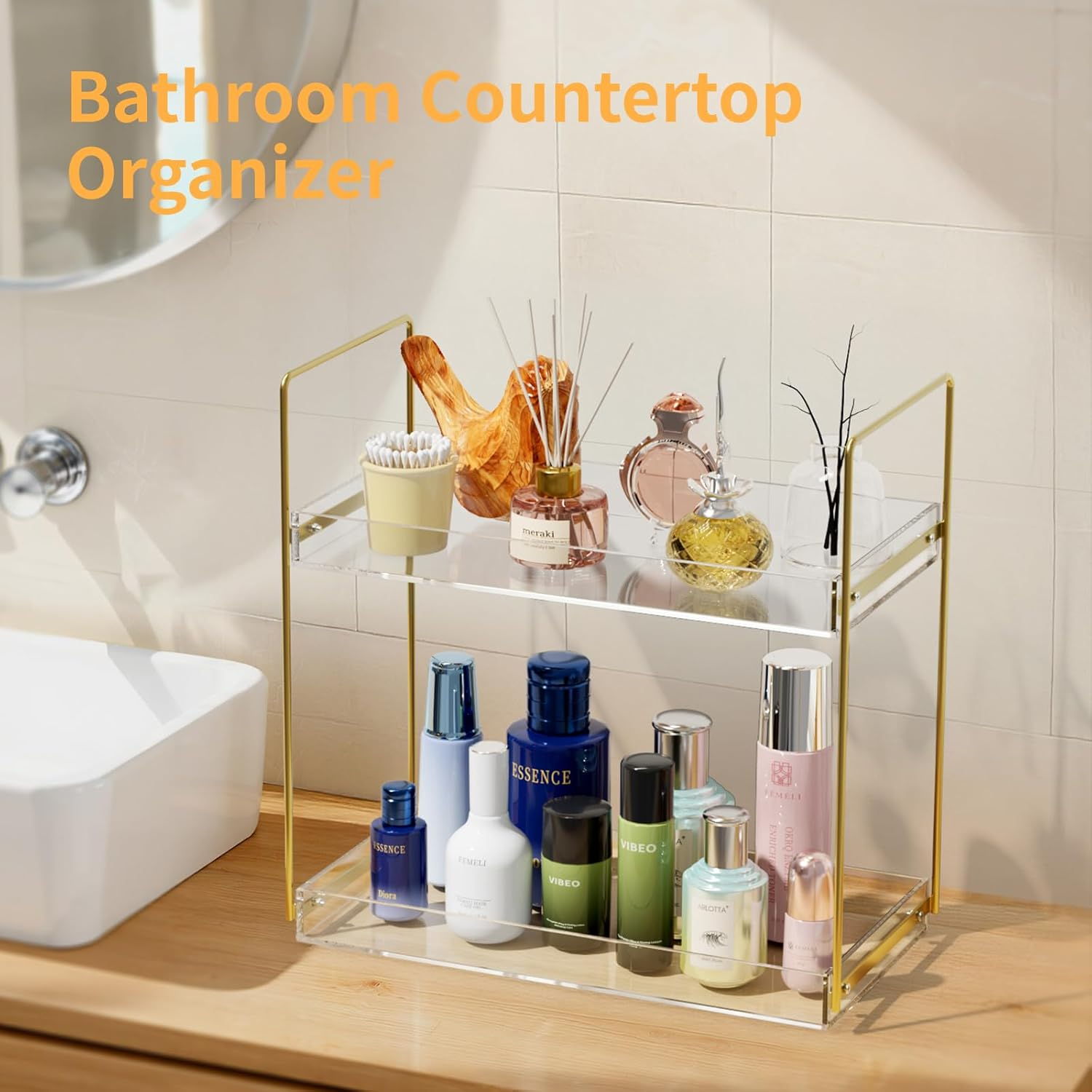 Bathroom Countertop Organizer, 2 Tier Acrylic Tray Vanity Counter Skincare Organizer Shelf, Kitchen under Sink Standing Rack, Home Storage Holder for Lotion Makeup Cosmetics Perfume Spice, Gold image number 2