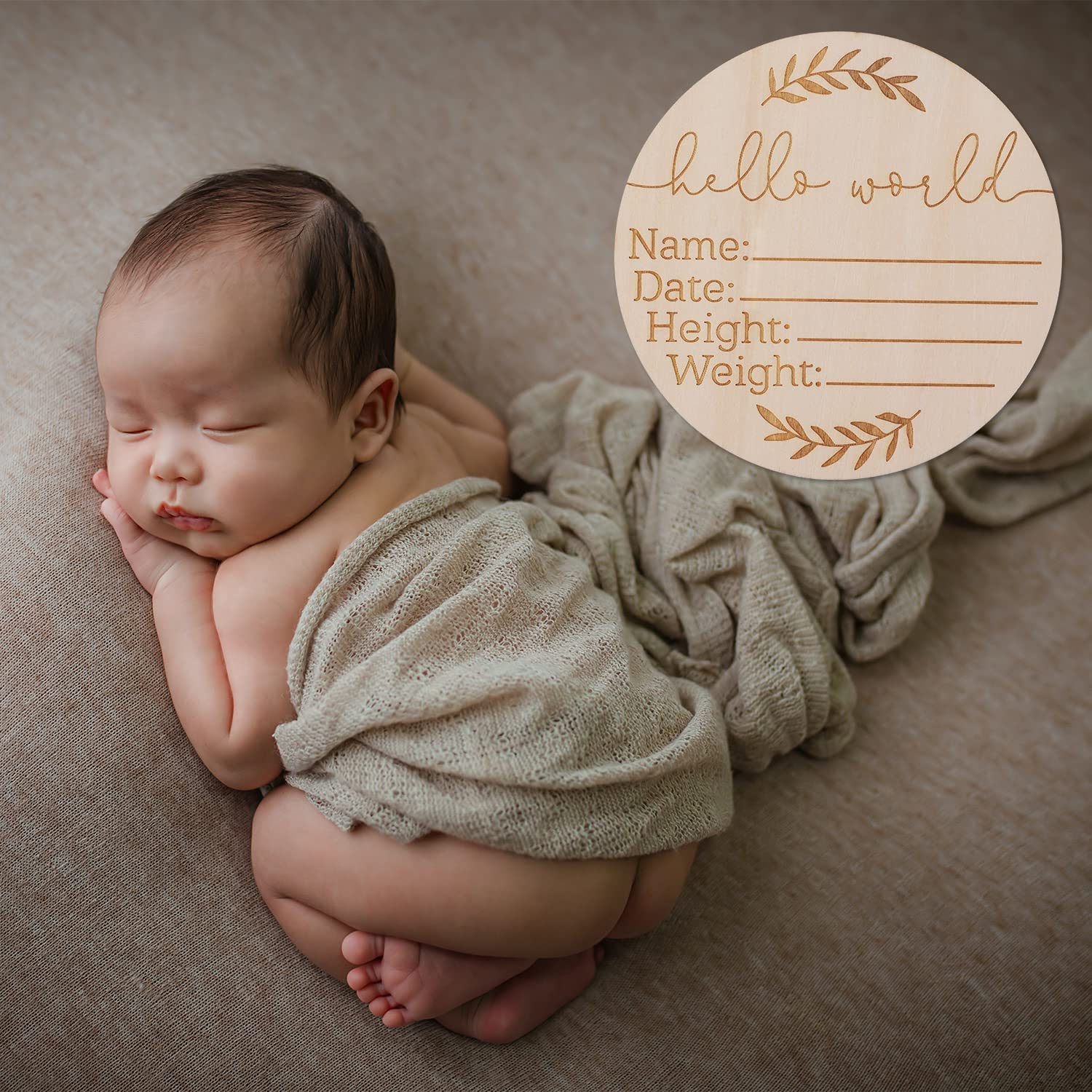 AIEX Wooden Baby Announcement Hello World Plaque, 5.9 Inch round Birth Sign, Baby Name Newborn Welcome for Hospital Photo Prop, Baby Shower Nursery Gift image number 4