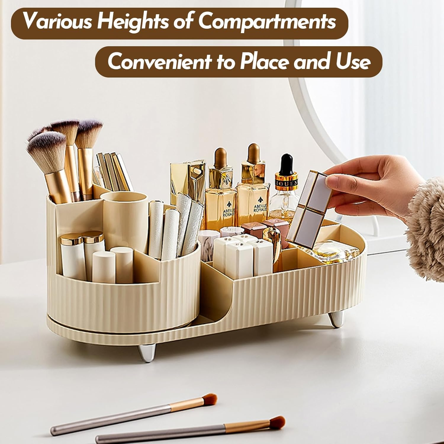 Marakruki Makeup Organiser Cosmetics with 360&deg; Rotating Brush Holder Beauty Organiser, Sleek Cream White Ideal for Bedroom/Dressing Table/Bathroom(Cream) image number 5