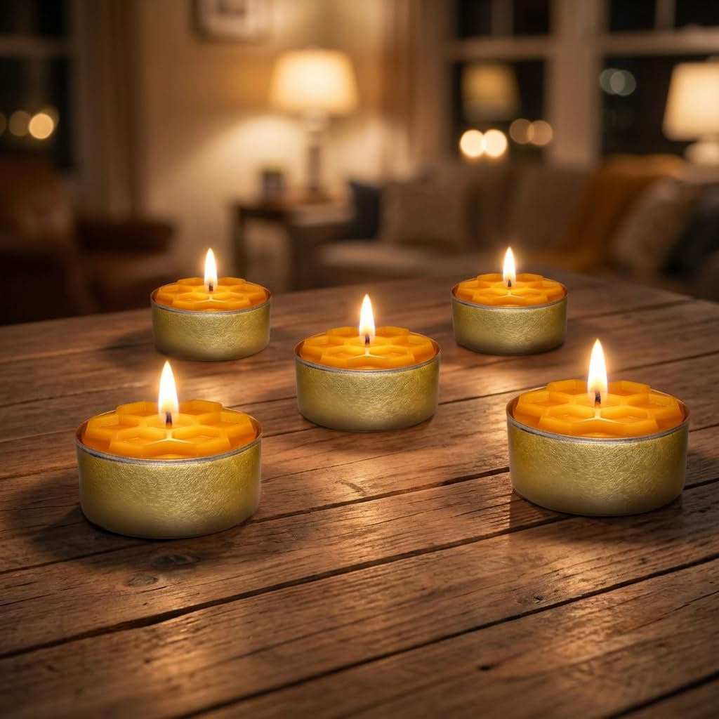22 X Honeycomb Beeswax Tea Lights - 100% Natural Beeswax - Handmade in Germany - Warm, Quiet Candlelight - in Gold Aluminium Bowls image number 1