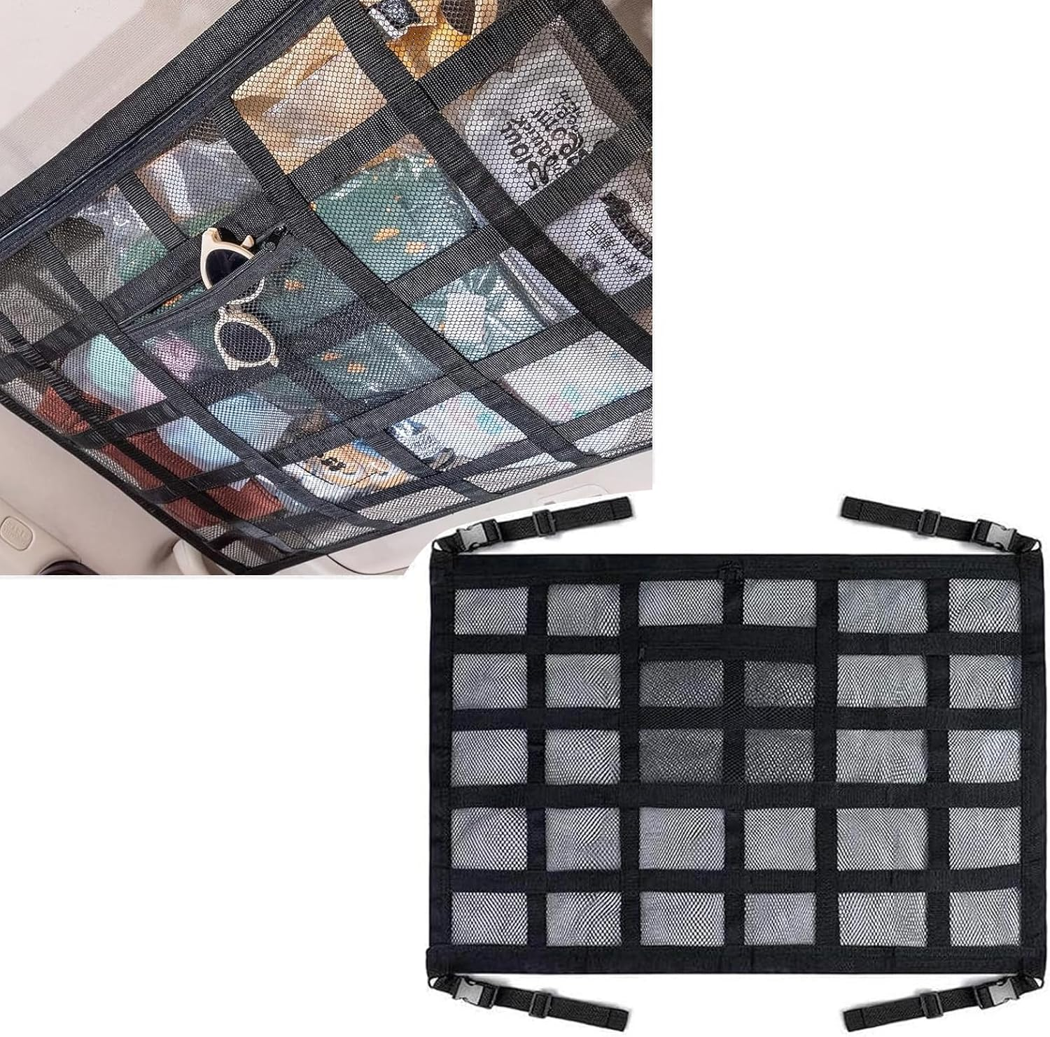 Car Ceiling Storage Net, 78 X 53 Cm, Double-Layer Mesh Organizer with Adjustable Buckles