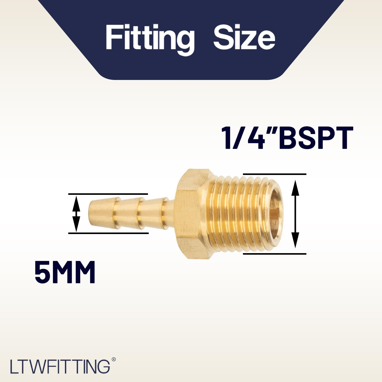 LTWFITTING Brass 1/4-Inch Male BSPT X 5Mm Hose Barb Coupler Adapter Fitting for Vehicle Fuel System, HVAC System (Pack of 5) image number 3