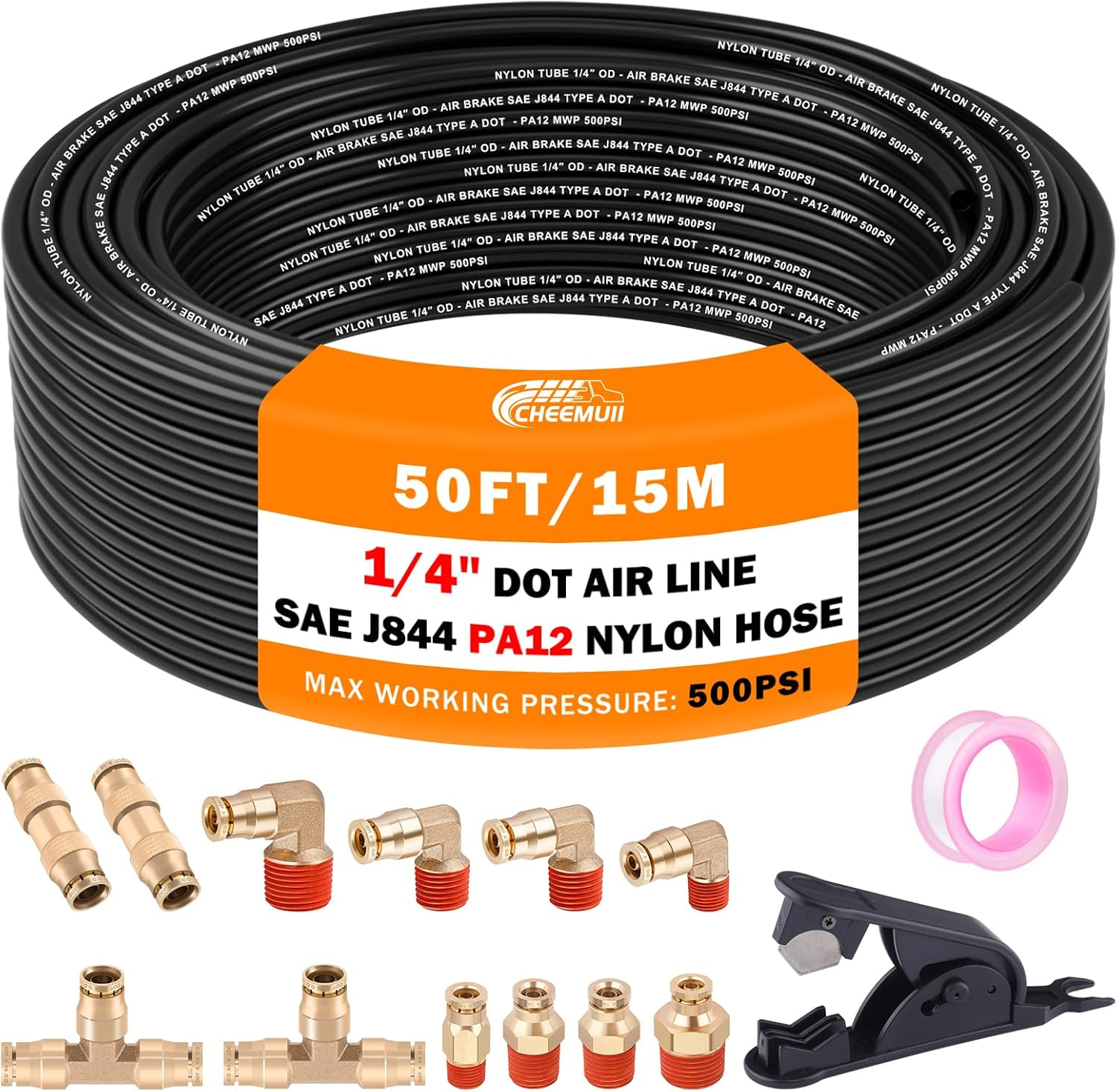 Cheemuii 12 Pcs 1/4 Brass DOT Air Fittings with 50 FT 1/4" DOT Air Line Kit 15 Meter Pneumatic Tubing with DOT Air Fittings for Semi Truck Trailer or Industrial Air System