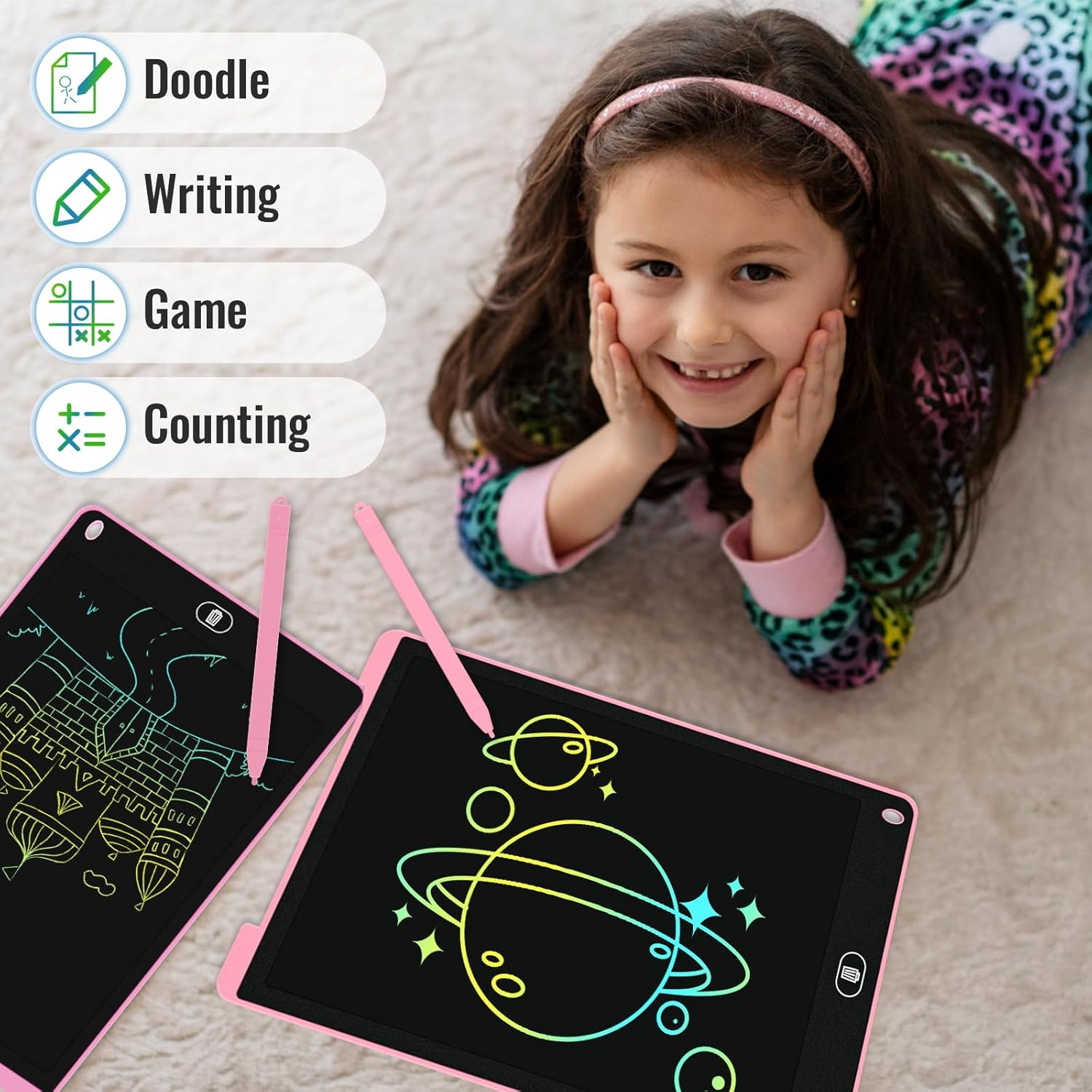 Electight 2 Pack LCD Writing Tablet for Kids, 12 Inch Colorful Doodle Board with Stylus, Eye Care Drawing Board with Lock/Delete FUNC, Portable Drawing Tablet for 3+ Years Old Boys Girls (Pink, Pink)