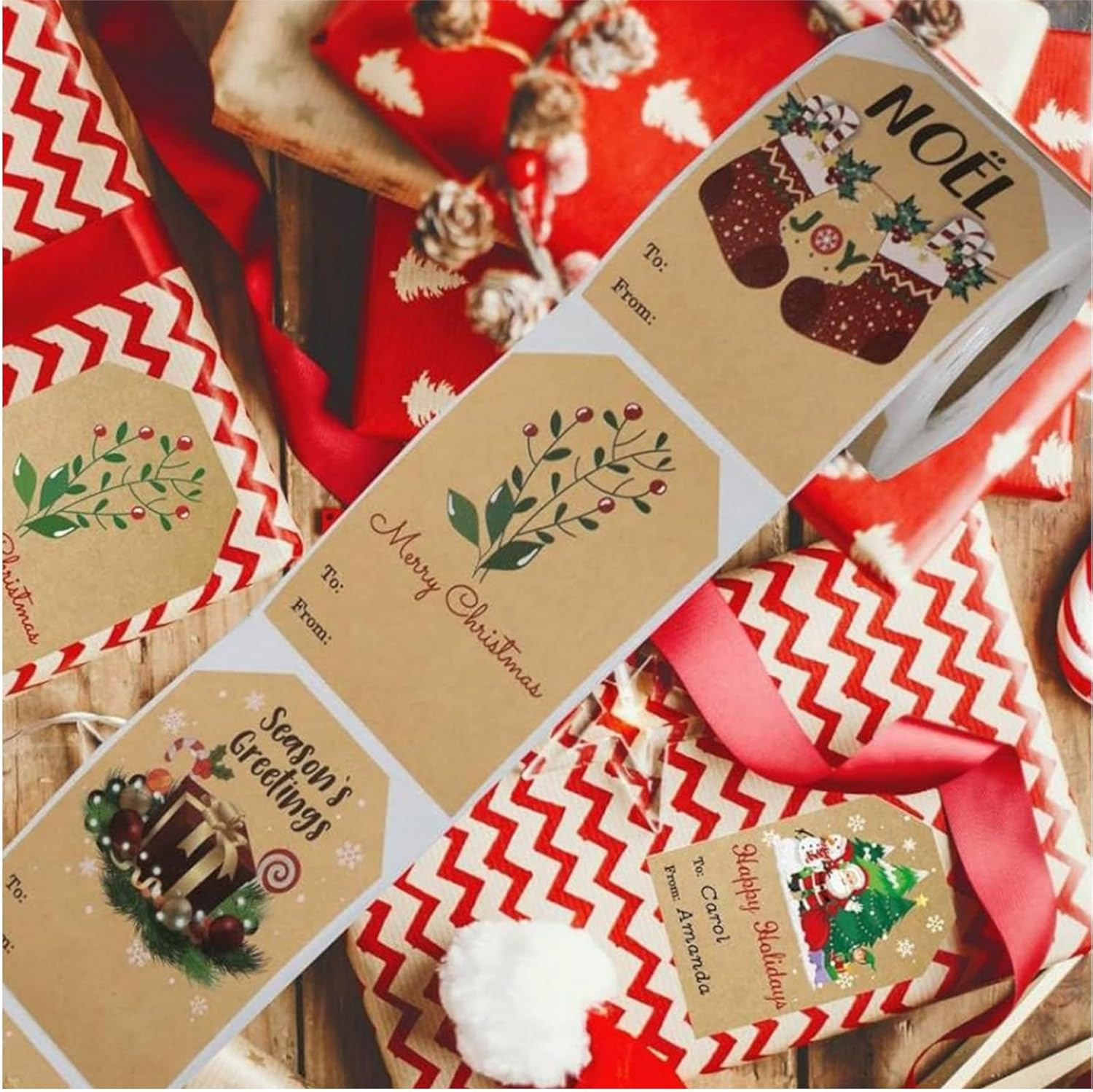 200Pcs Tags Sticker, Self-Addhesive Labels for Gifts Sticker, Kraft Paper Christmas Labels with 4 Christmas Patterns, Christmas Tag Sticker for Gift Bags, Cards, Envelope image number 1