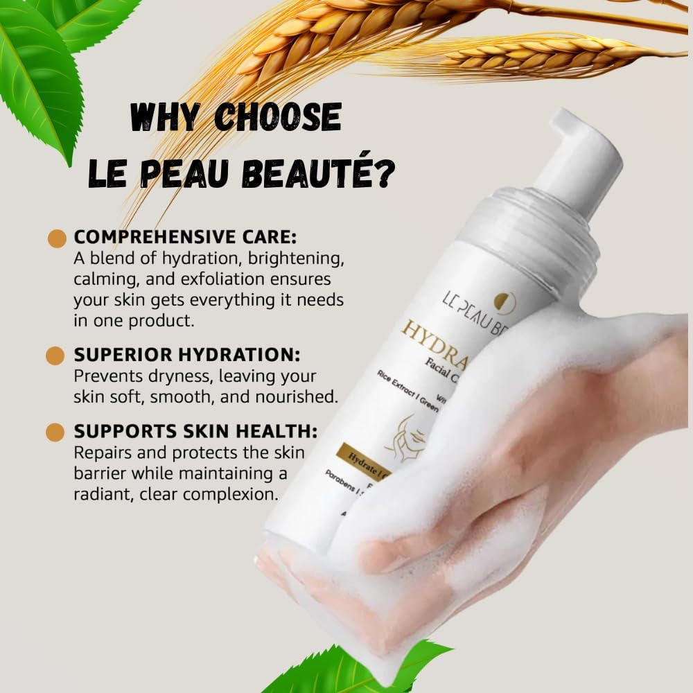 Le Peau Beaut&eacute; Hydra Glow Cleanser &ndash; Hydrating Face Wash with Rice Extract, Green Tea & Niacinamide for Radiant Skin. Gently Exfoliates with Salicylic Acid, Soothes & Repairs with Centella & Panthenol &ndash; Daily Use. image number 5