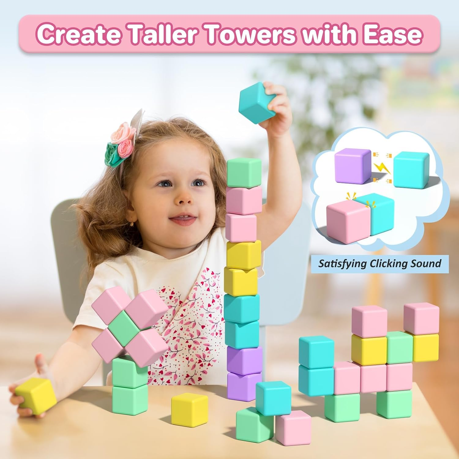 Magnetic Blocks 45 Pieces,1 Inch Large Building Blocks for Ages 3+ Year Old Boys and Girls,3D Magnetic Cubes for Kids,Preschool STEM Educational Sensory Magnet Toys (Colorful-45 PCS) image number 3