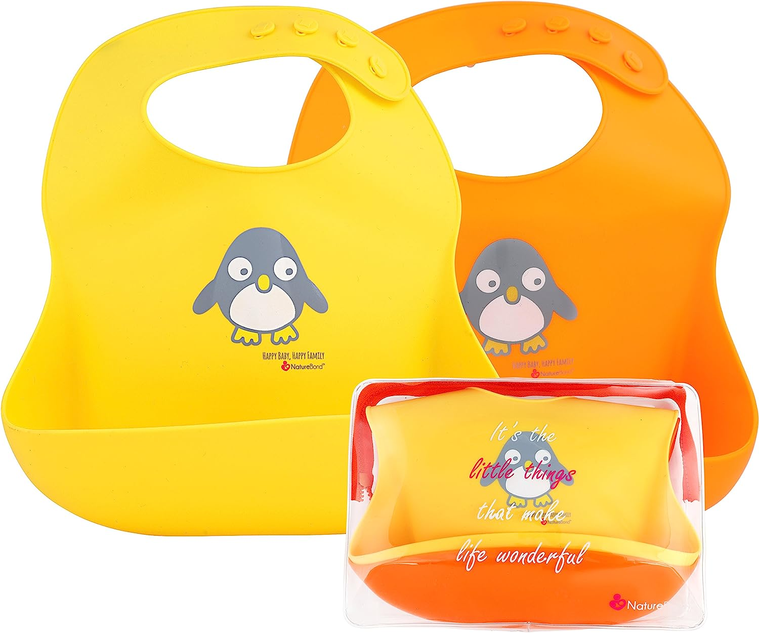 Naturebond Waterproof Silicone Baby Bibs for Babies & Toddlers (2 Pcs) | Free Waterproof Pouch | Wipes Clean Easily, Soft, Unisex, Adorable (Lemonade Yellow & Tangerine Orange)