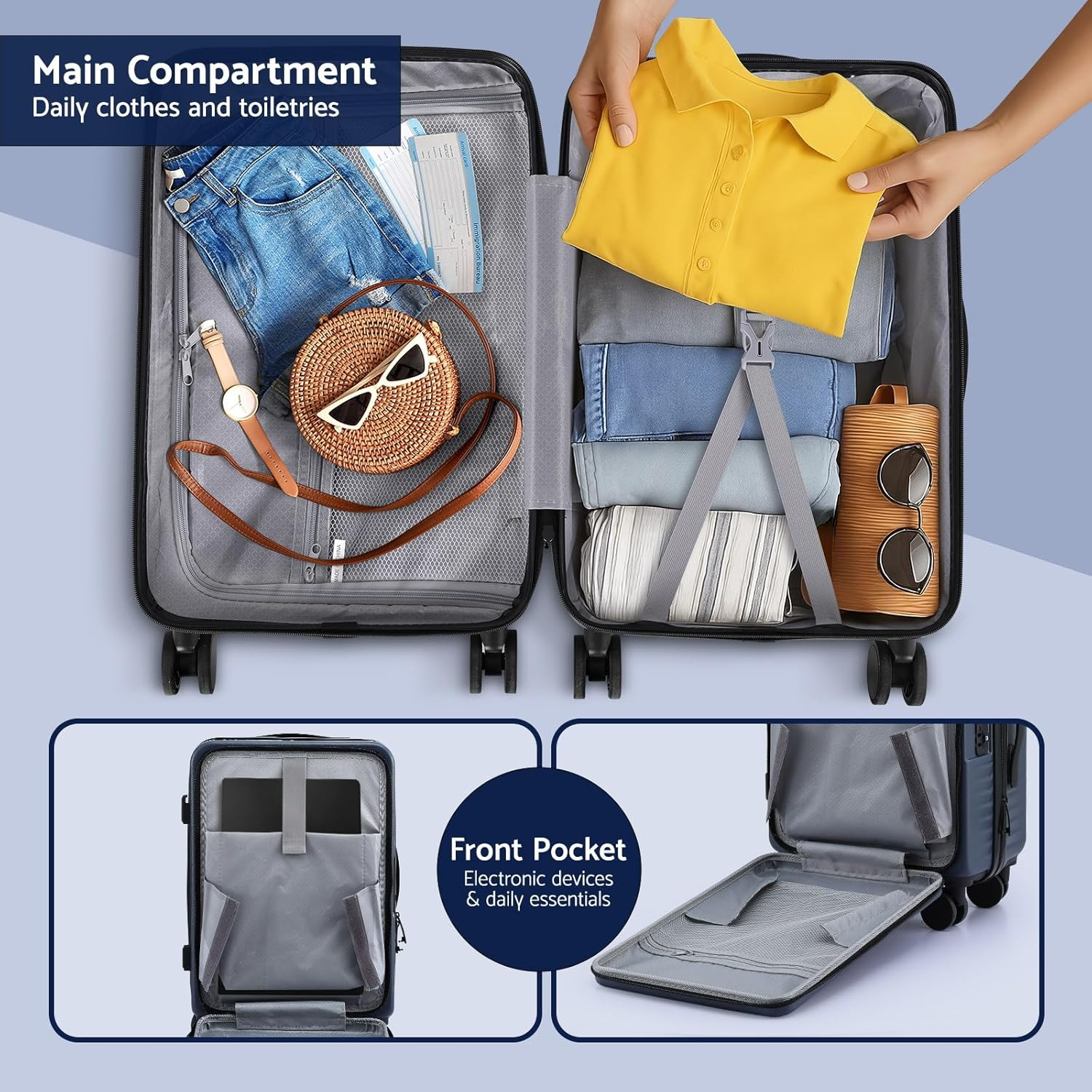 Wanderlite 20'' Luggage, Suitcase with Front Pocket & Dual TSA Locks, Carry on Luggage with Phone Holder & Hook, Lightweight Hardshell, Airline Approved, Navy - White image number 5