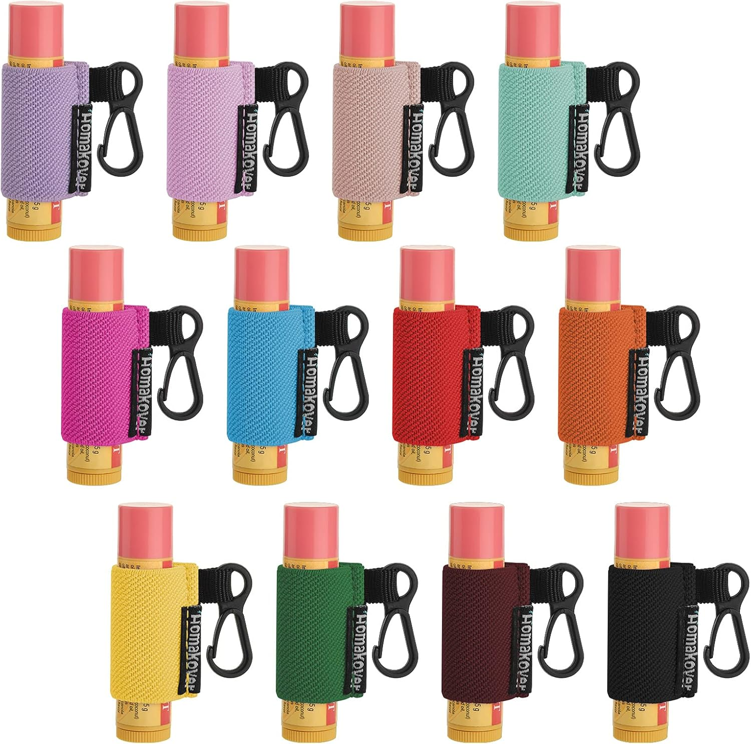 Homakover 12 Pack Compact Clip-On Lipstick Holder Keychain in 12 Colors,Lip Balm Sleeves with Clip, Fits Most Standard Lip Balm,Tight-Knit Elastic Lip Balm Keychain Holder image number 6