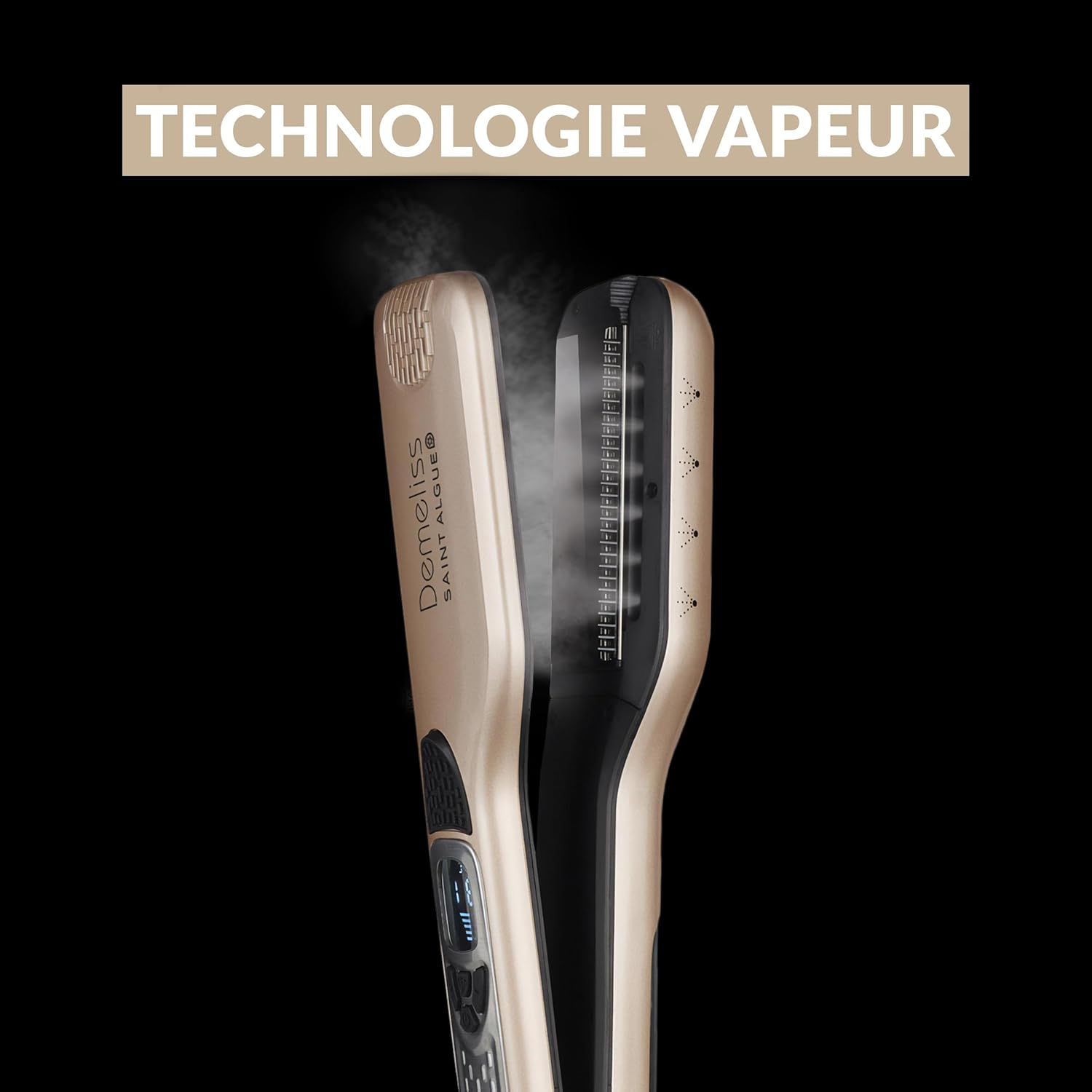 SAINT ALGUE Demeliss Titanium - Professional Titanium Wide Straightener with Steam Technology, for All Hair Types, Temperature from 150 &deg; to 230 &deg;, 40 Ml Water Tank - Gold/Black