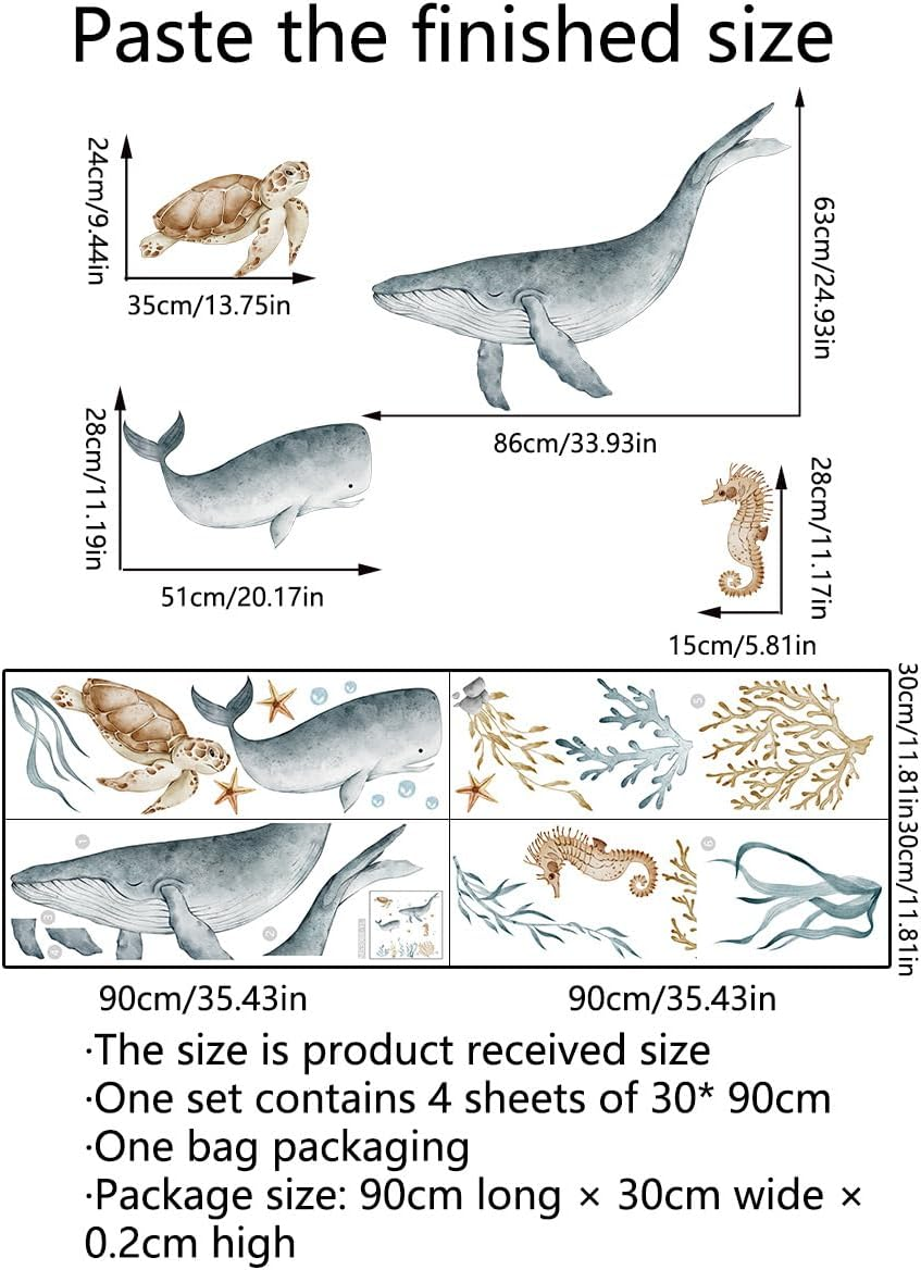 Ocean Wall Decals Watercolor under the Sea Wild Life Animals Sea Turtles Whales Wall Stickers Waterproof Peel and Stick Removable Ocean image number 5