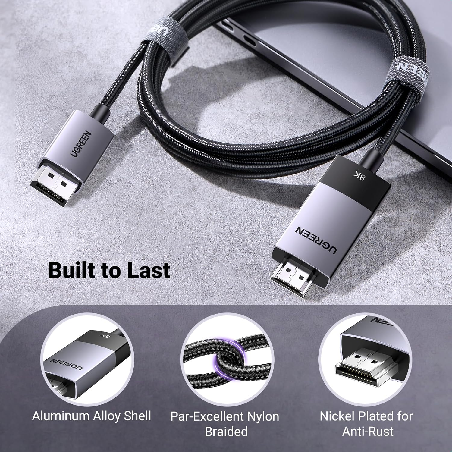 UGREEN Unidirectional Displayport to HDMI Cable 2M 8K@60Hz 4K@240Hz Active DP 1.4 Cord HDR, Dolby, HDCP2.3, Dsc1.2A, 32.4Gbps Braided Compatible with Monitor, Dell, HP, HDTV, AMD NVIDIA image number 1