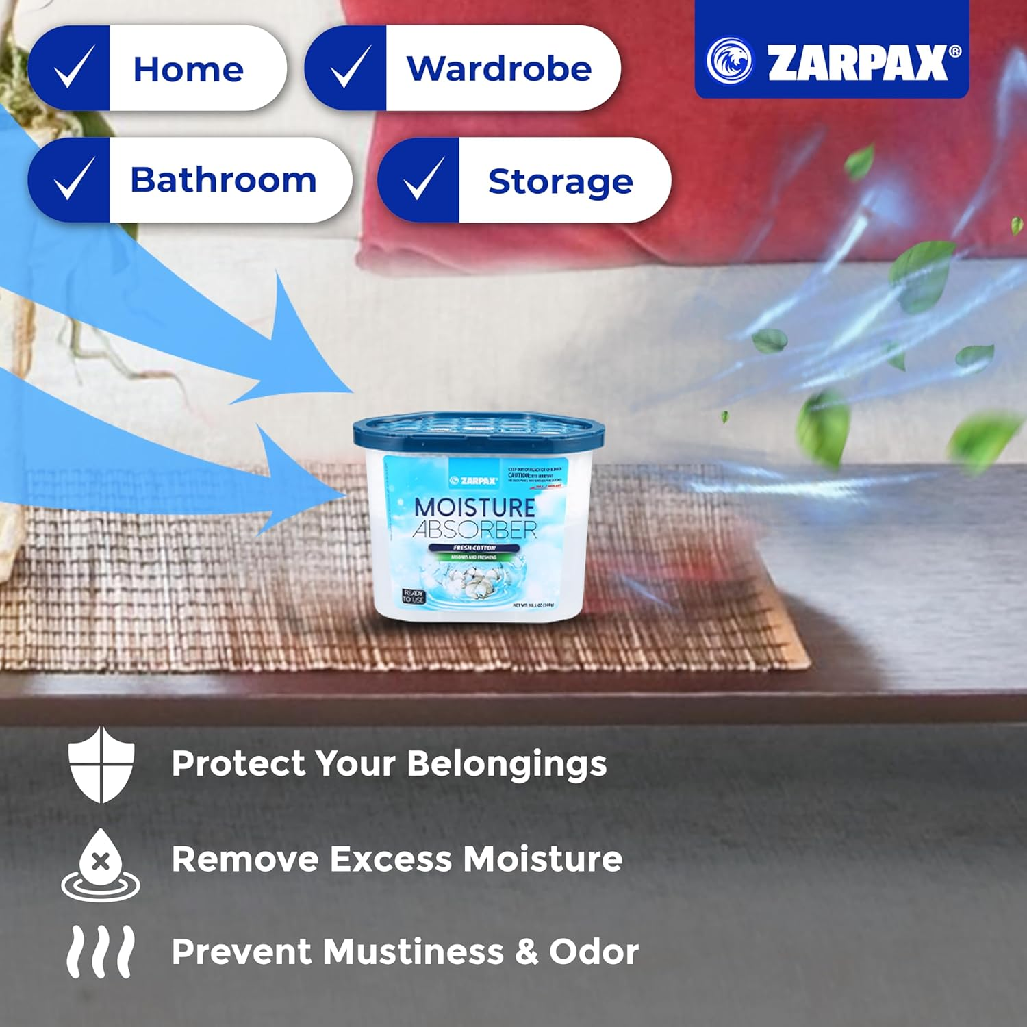 ZARPAX Moisture Absorber Fresh Cotton 300G | Removes Moisture, Damp & Humidity | Odor Absorber with Fresh Cotton Fragrance | Moisture Trap for Bathroom, Closet, Kitchen & Small Spaces | Set of 4 image number 5