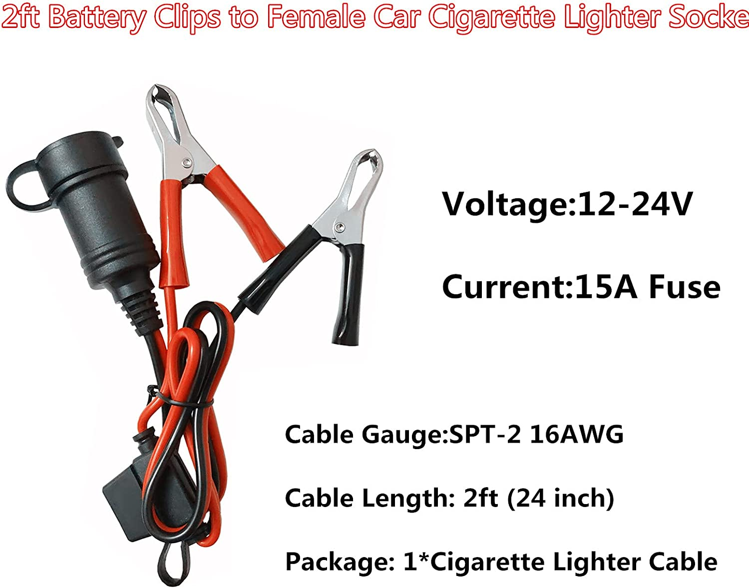 Cigarette Lighter Socket Battery Alligator Clamp - 2Ft Battery Clips to Female Car Cigarette Lighter Socket Adapter Extension Cord 12V-24V Battery Clip-On Extension Cable with 15A Fuse (1) image number 1